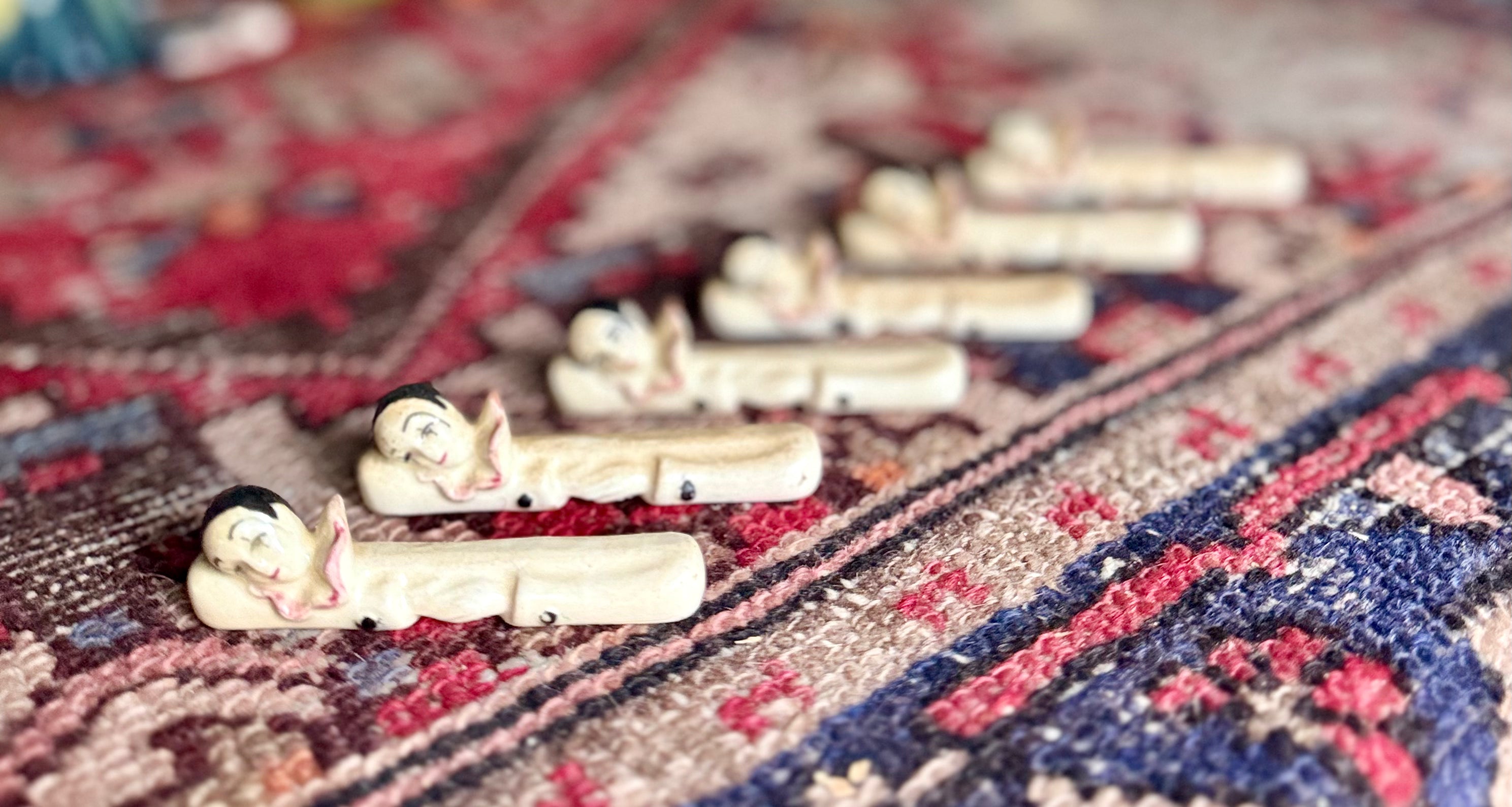 Set of Six Vintage French Ceramic Knife Rests – Pierrot Mimes, Circa 1930s–1950s