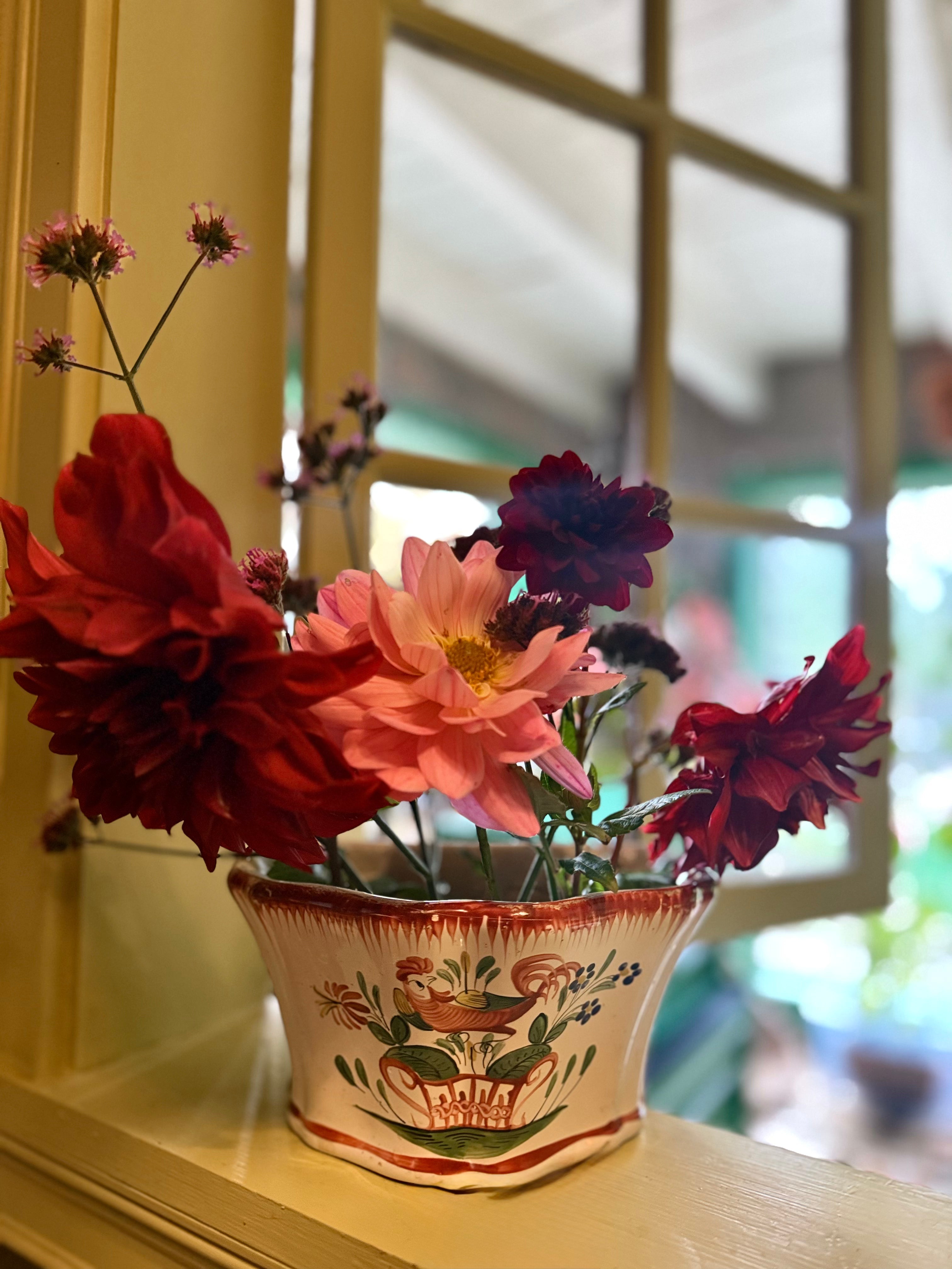 Vintage French Faïence Cachepot | Hand-Painted Rooster & Floral Motif