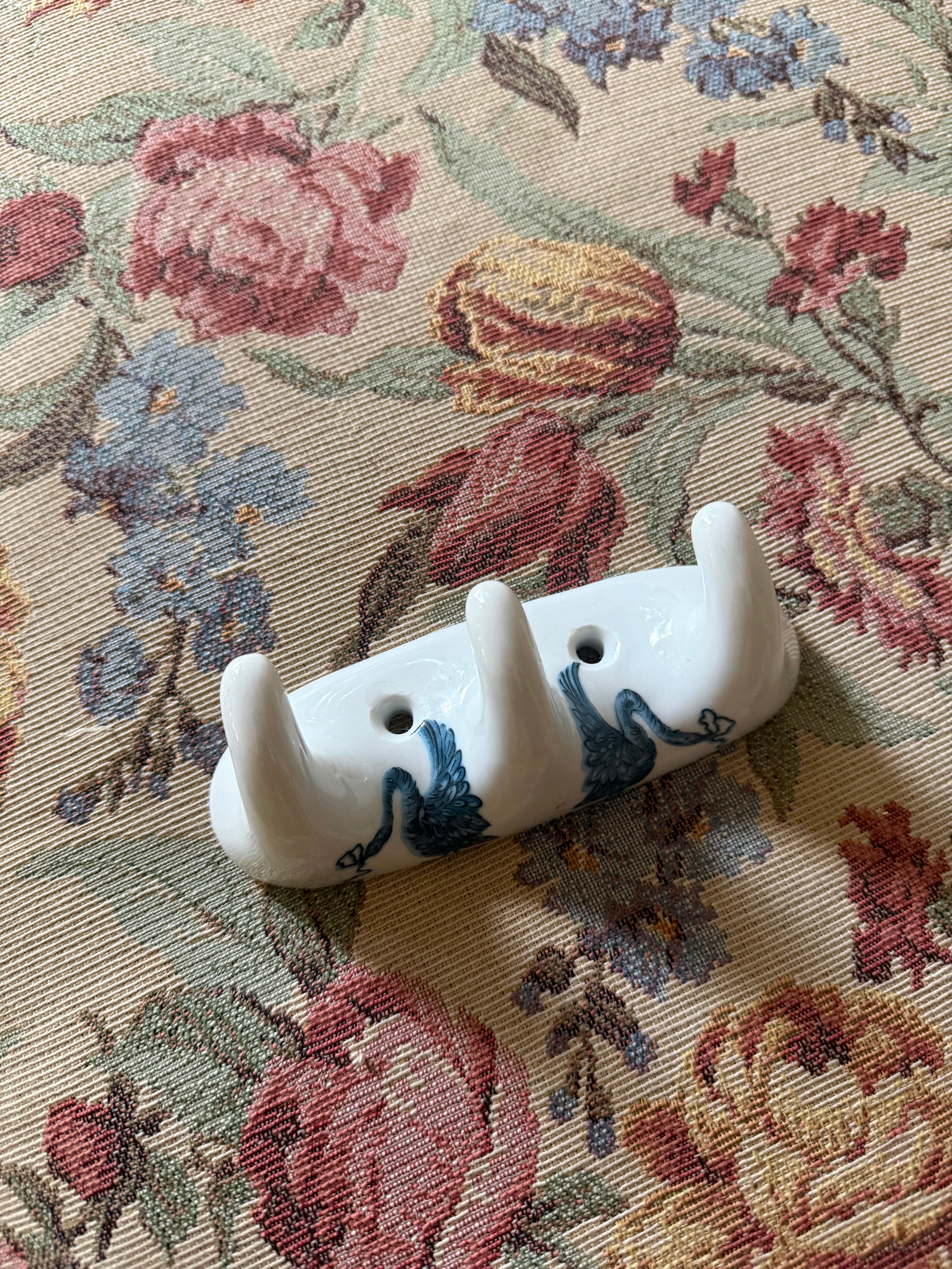 Antique Porcelaine de Paris Bathroom Hook – Blue & White Swan Design