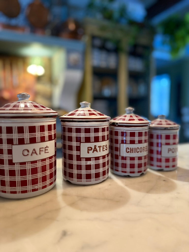 French Vintage Enamel Canister Set – 1940s Country Kitchen Charm