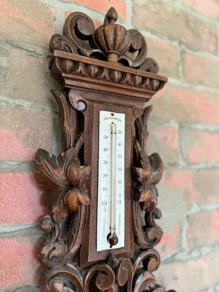 Antique French Barometer & Thermometer in Carved Walnut Case