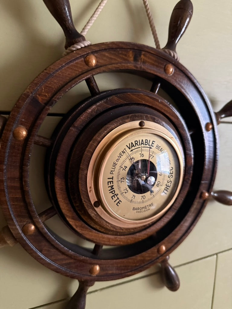 Vintage French Ship’s Wheel Barometer – Mid-Century Nautical Decor