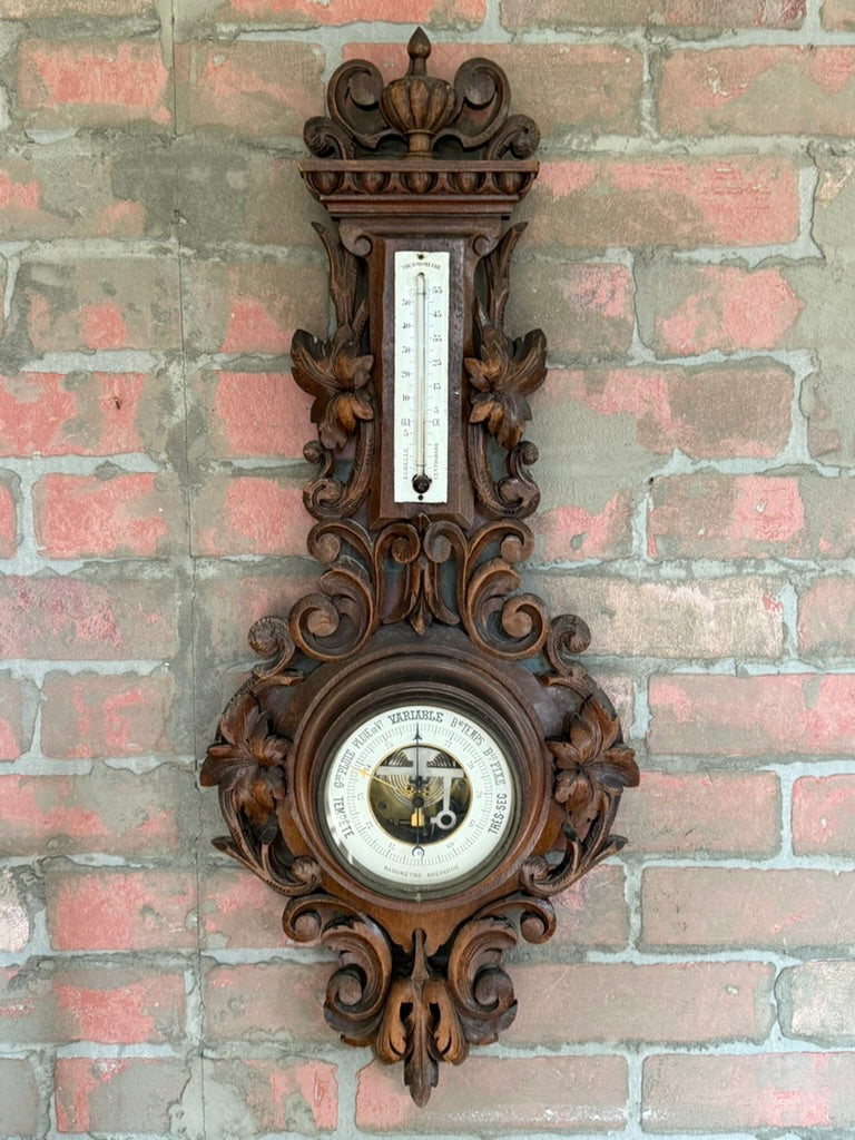 Antique French Barometer & Thermometer in Carved Walnut Case