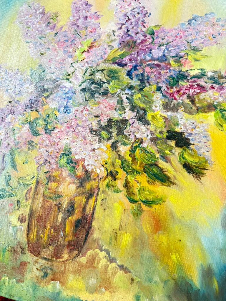Vintage French Floral Oil on Canvas – “Lilacs in a Glass Vase,” Signed M. Aumereaux, Mid-Century