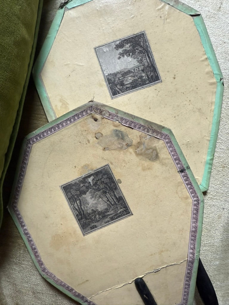 Rare Napoléon III Era Papier-Mâché Hand Fans with Romantic Scenes -