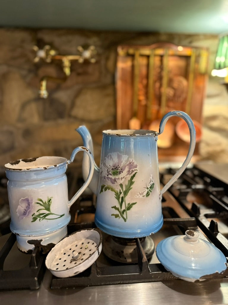 Antique French Enamel Drip Coffee Pot | Hand-Painted Blue & White Floral Cafetière à Filtre