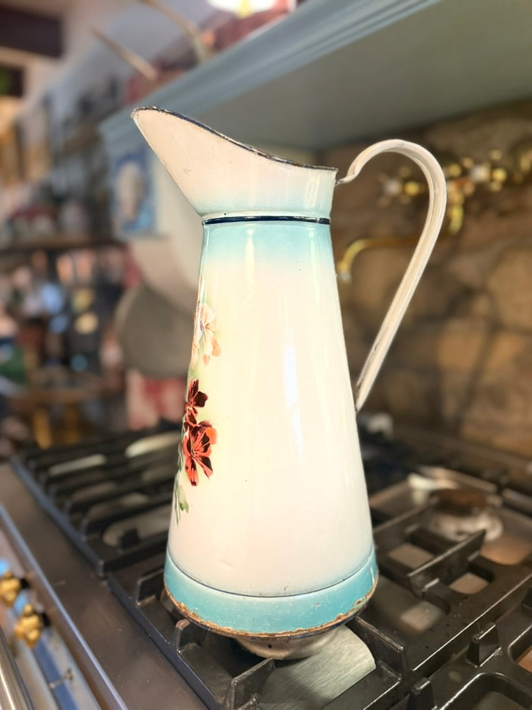 Tall French Enamel Pitcher | Floral Motif
