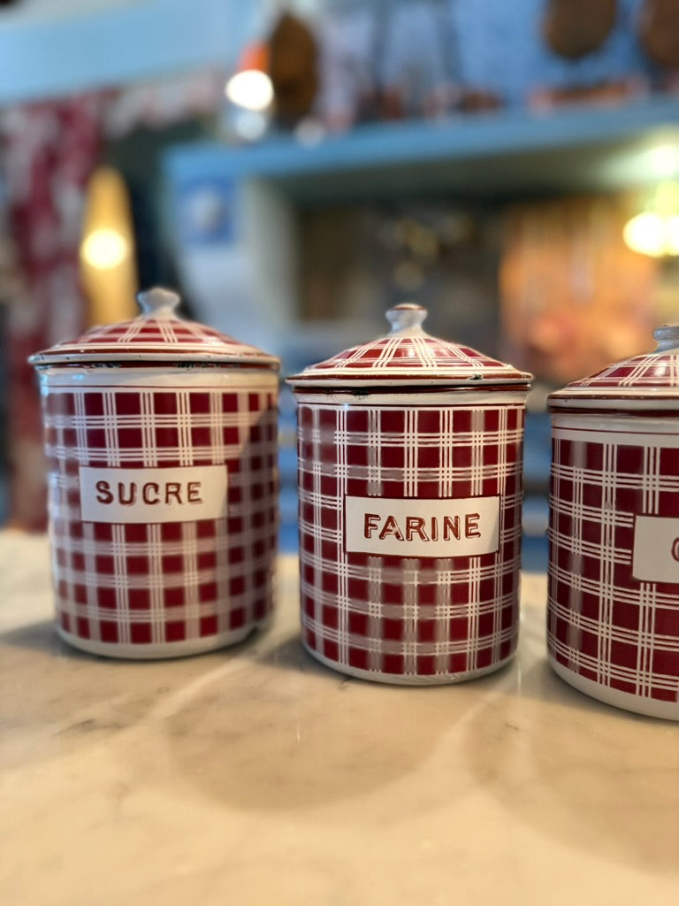French Vintage Enamel Canister Set – 1940s Country Kitchen Charm