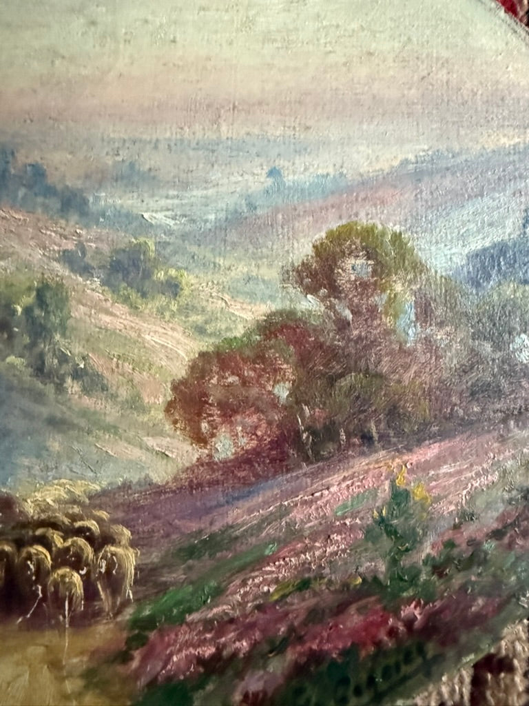 “Shepherdess Among the Heather” – Early 20th Century Pastoral Oval Painting