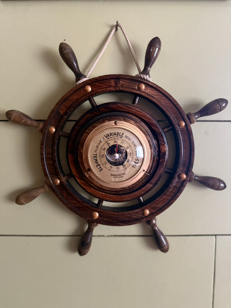 Vintage French Ship’s Wheel Barometer – Mid-Century Nautical Decor
