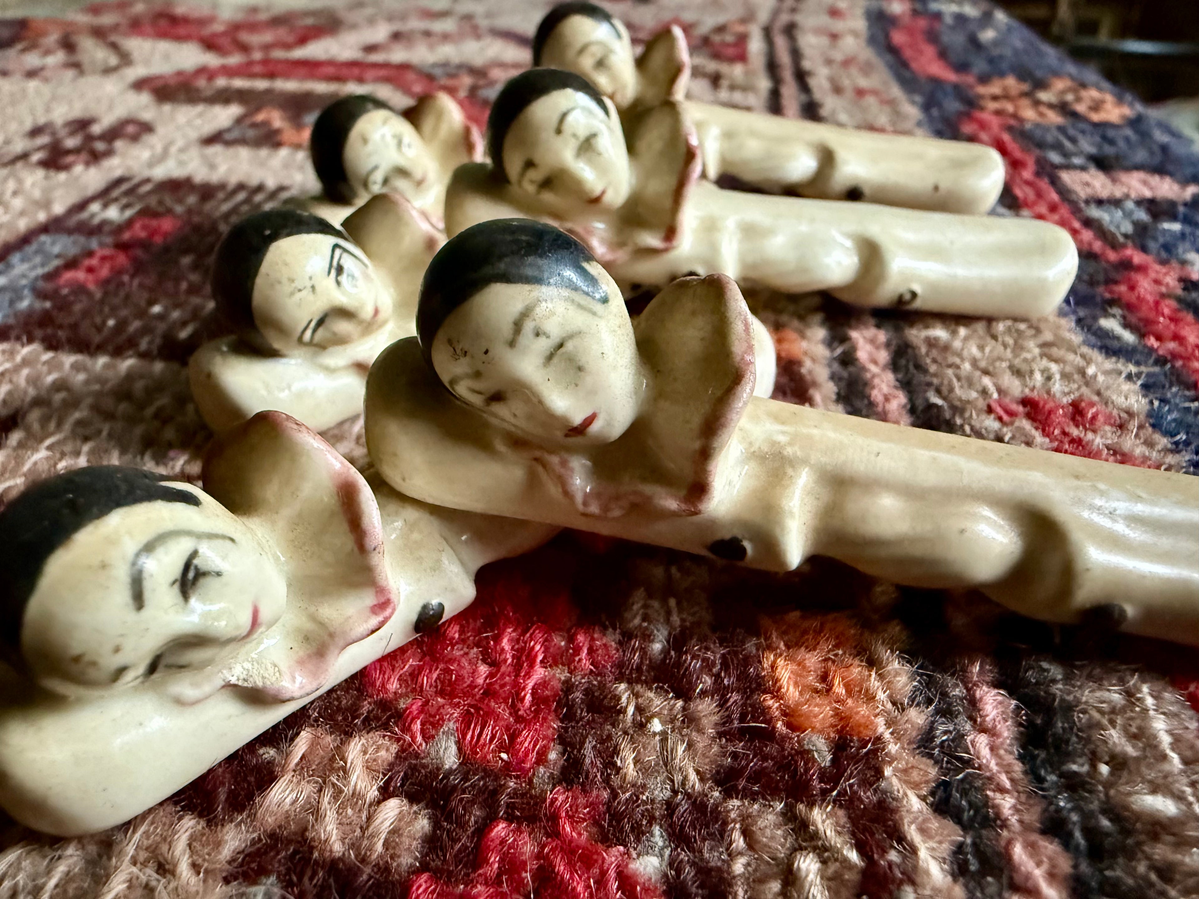 Set of Six Vintage French Ceramic Knife Rests – Pierrot Mimes, Circa 1930s–1950s