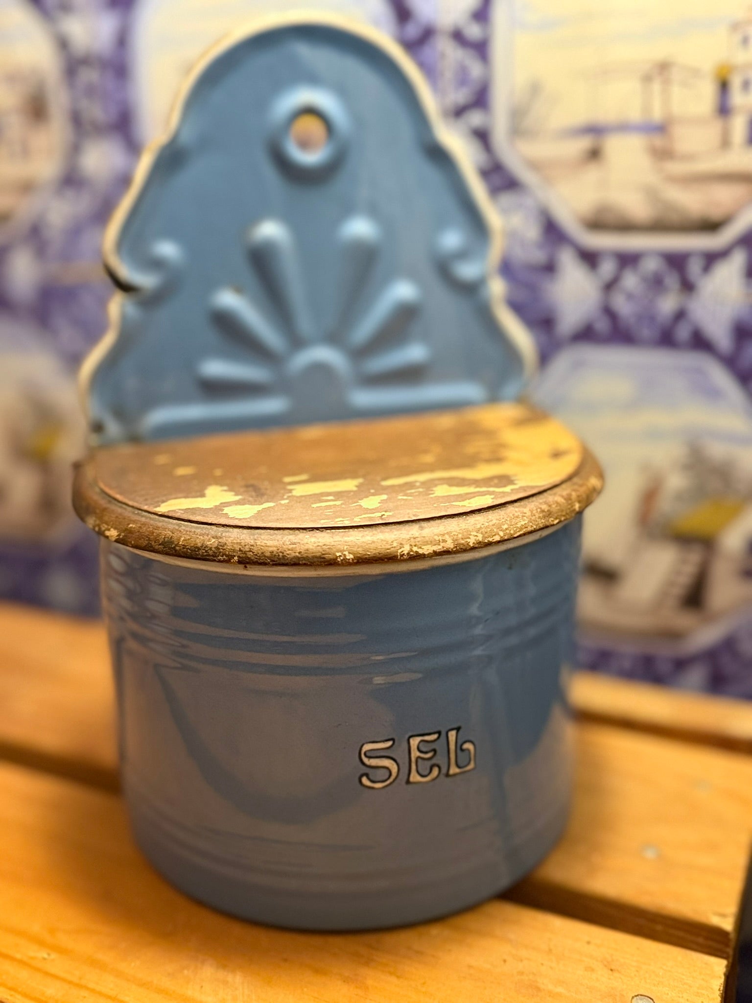Vintage French Enamel Salt Box – “SEL” in Cornflower Blue