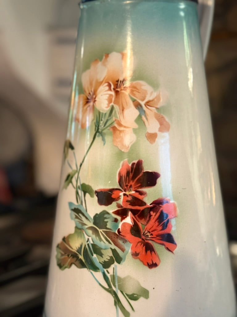 Tall French Enamel Pitcher | Floral Motif