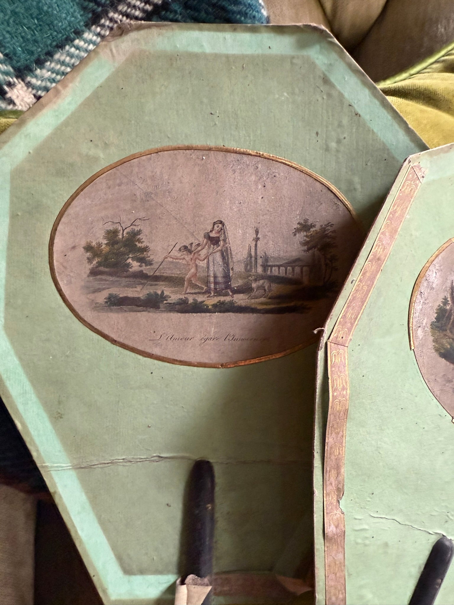Rare Napoléon III Era Papier-Mâché Hand Fans with Romantic Scenes -