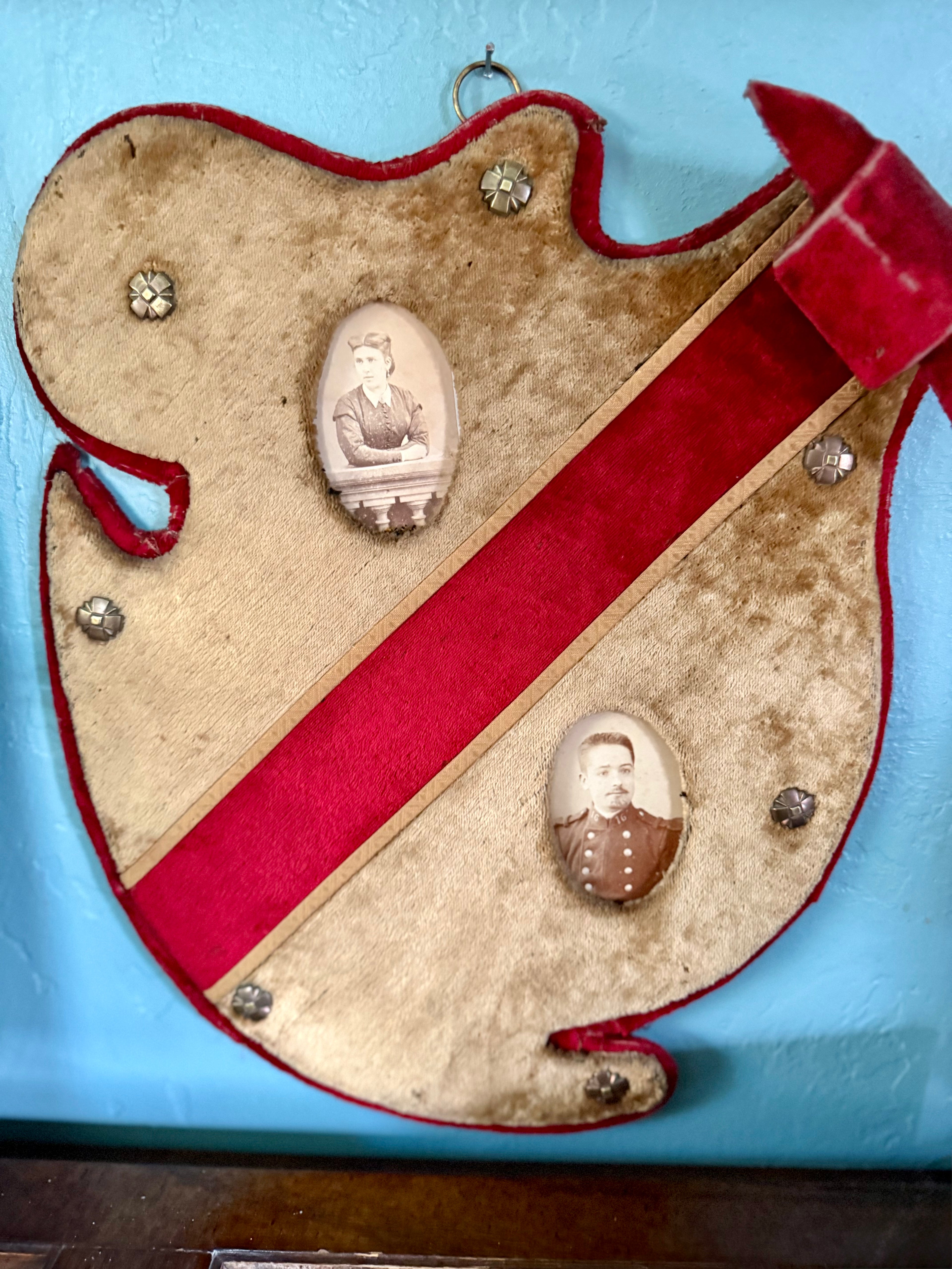 Antique French Velvet Shield Frame with Portrait Photographs – Late 19th Century