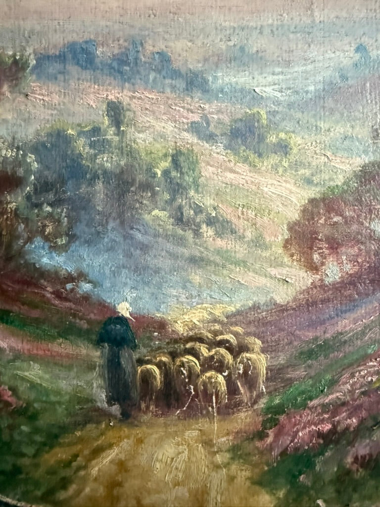 “Shepherdess Among the Heather” – Early 20th Century Pastoral Oval Painting