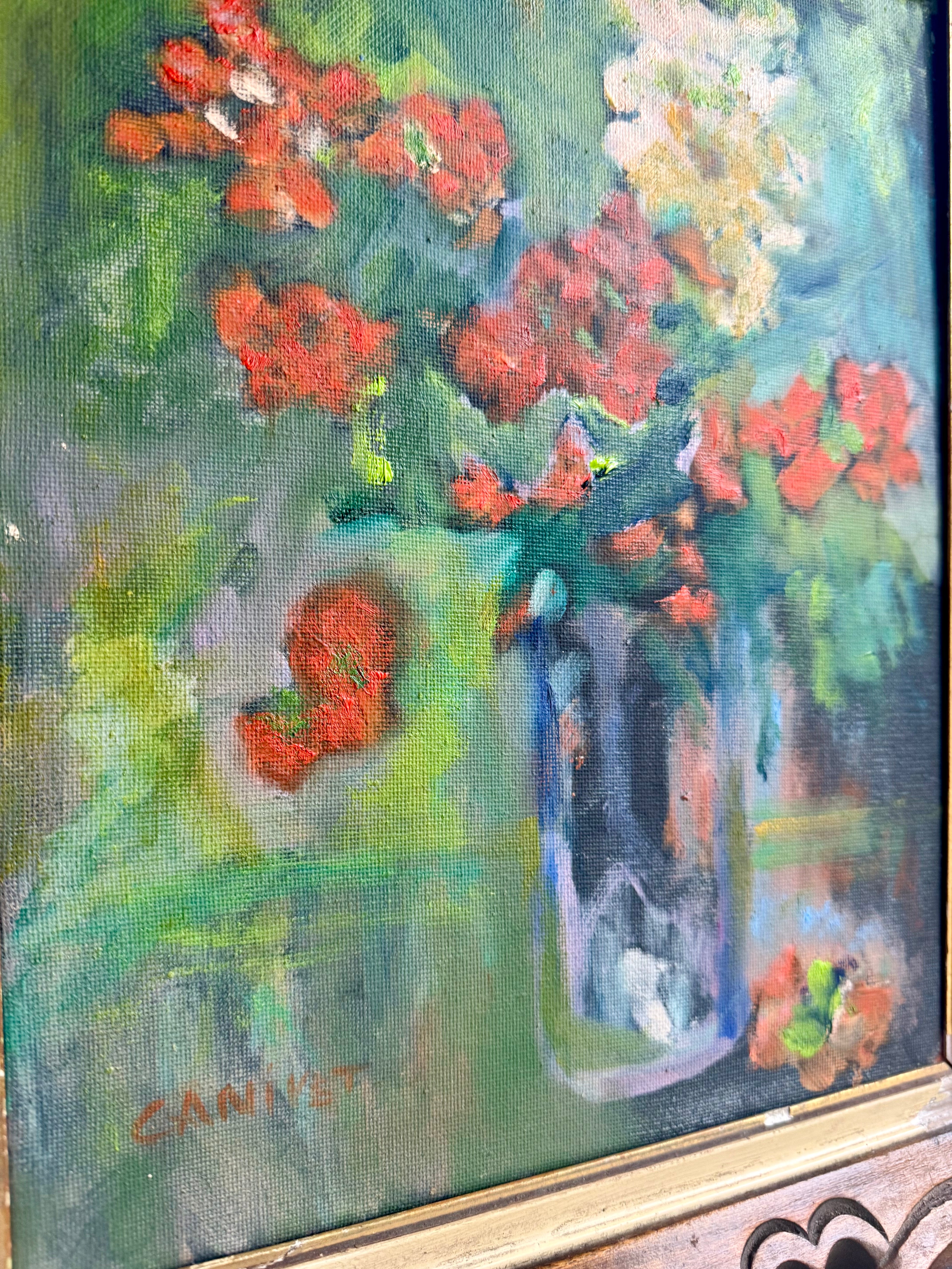 Vintage French Oil on Canvas — “Bouquet aux Coquelicots,” Signed Canivet, c. 1950s, in Ornate Hand-Carved Frame