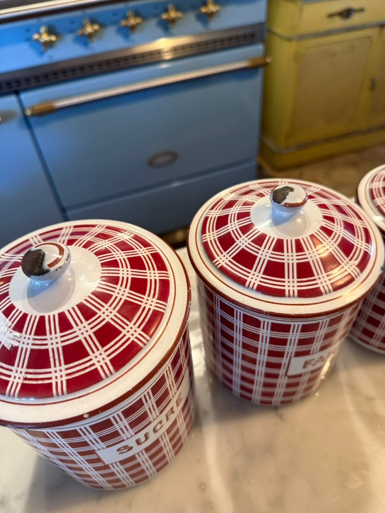 French Vintage Enamel Canister Set – 1940s Country Kitchen Charm