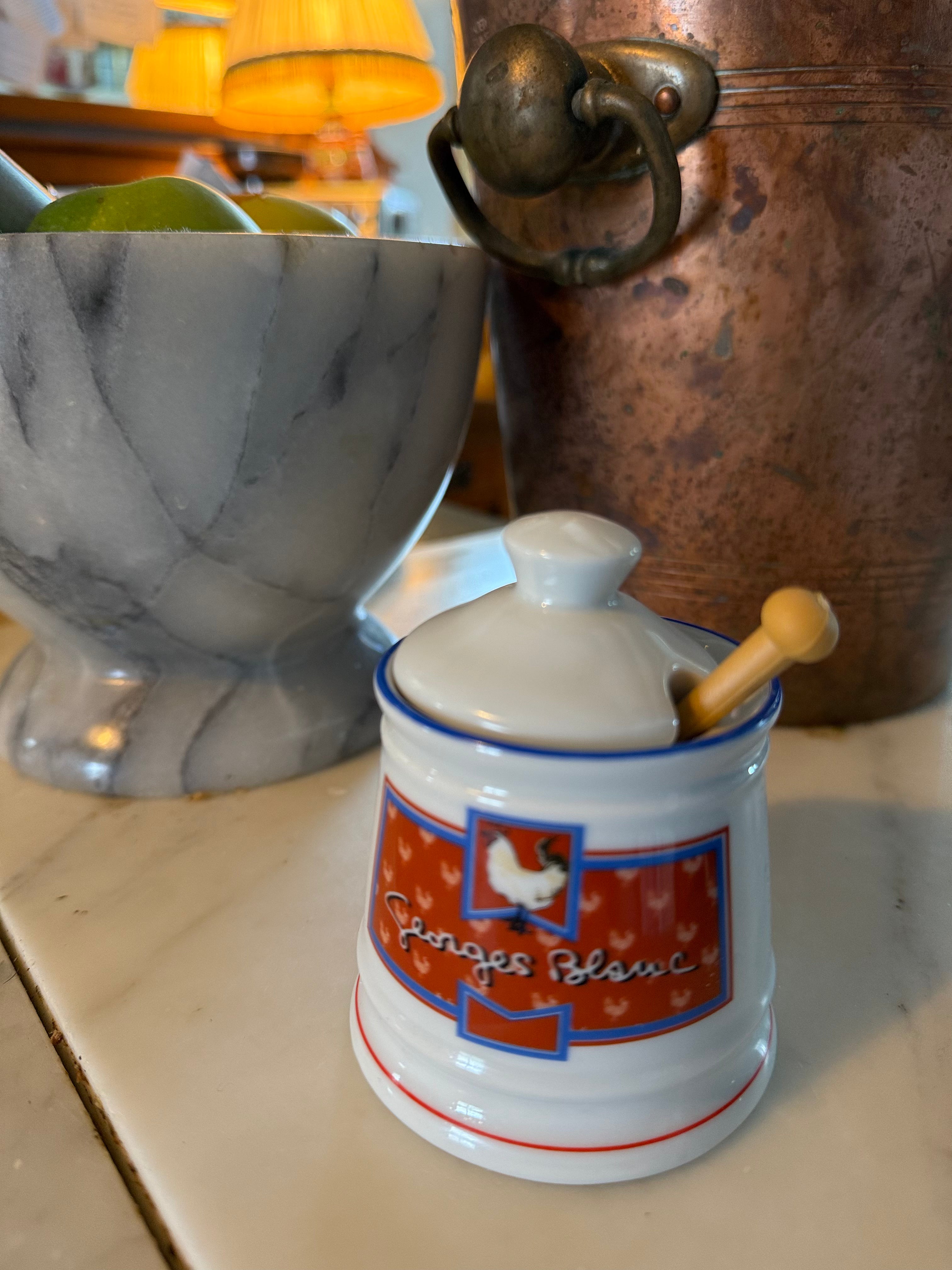 Vintage Apilco France Georges Blanc Porcelain Mustard Pot with Lid & Spoon