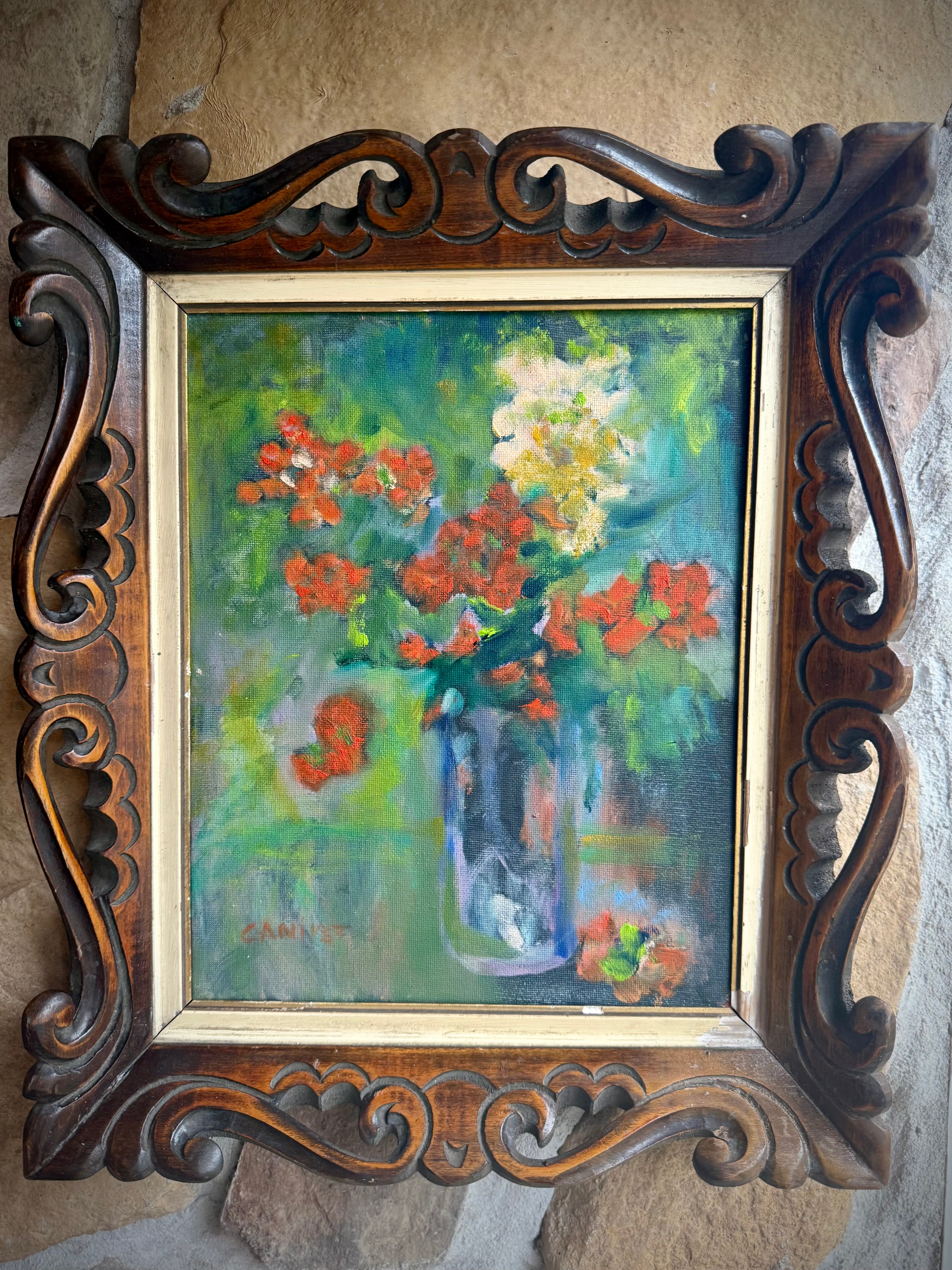 Vintage French Oil on Canvas — “Bouquet aux Coquelicots,” Signed Canivet, c. 1950s, in Ornate Hand-Carved Frame