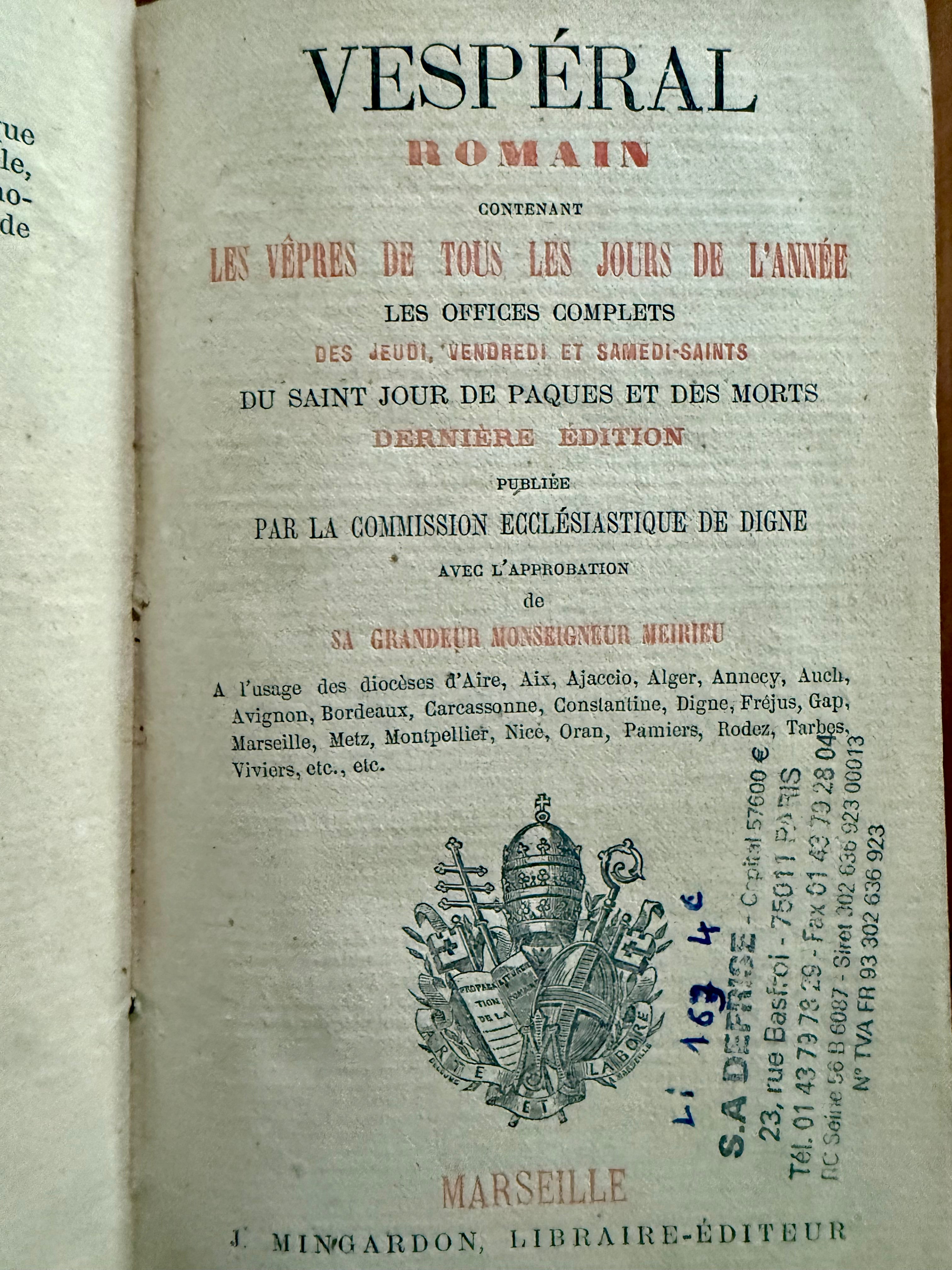 Antique French Liturgical Book – Vesperal Romain, Marseille Edition, c. 1880–1900