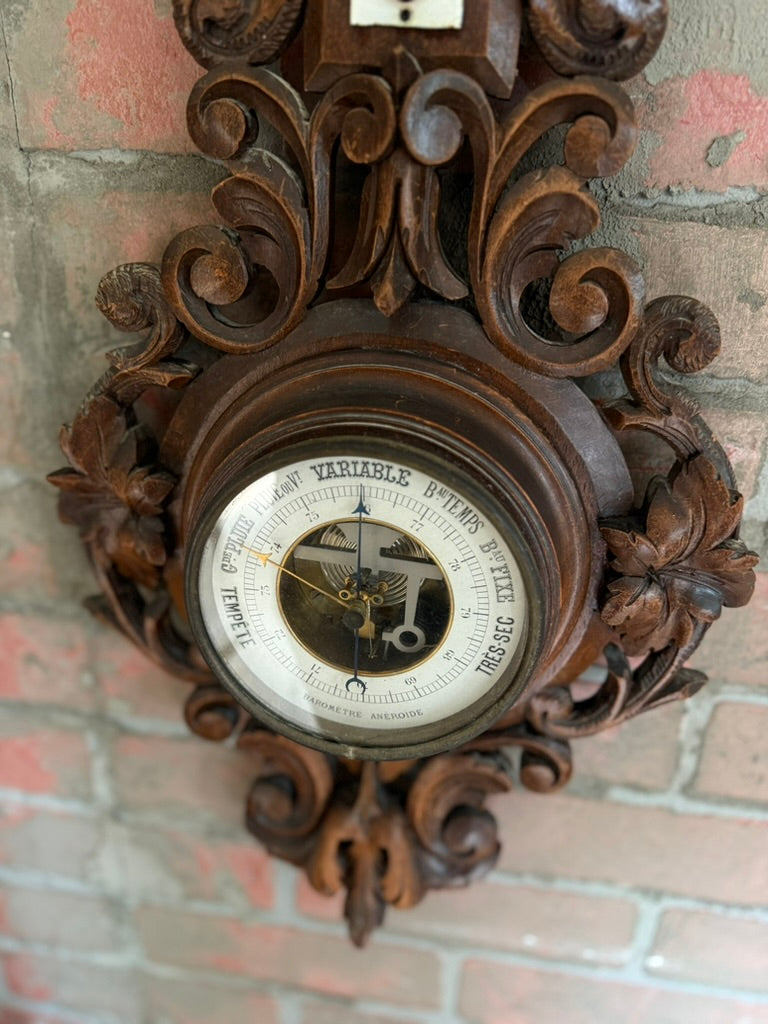Antique French Barometer & Thermometer in Carved Walnut Case