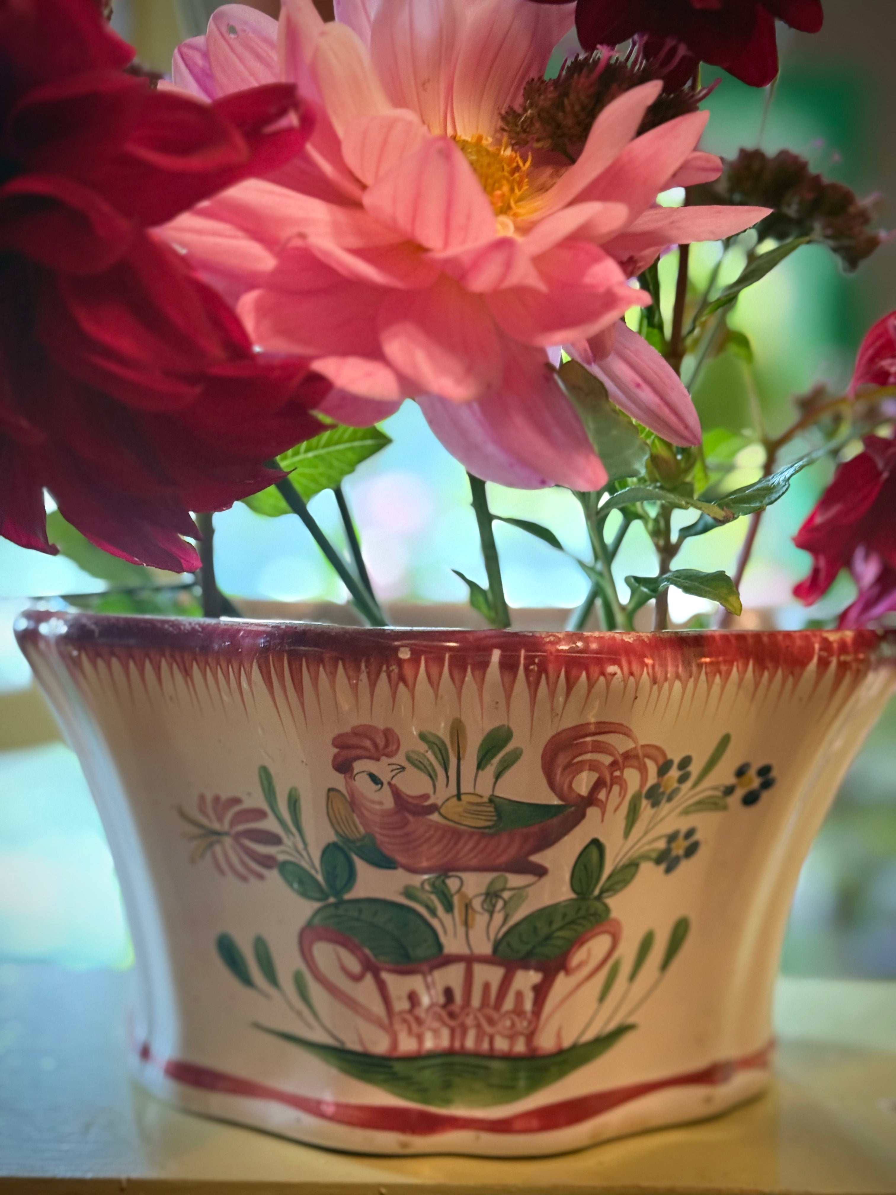 Vintage French Faïence Cachepot | Hand-Painted Rooster & Floral Motif