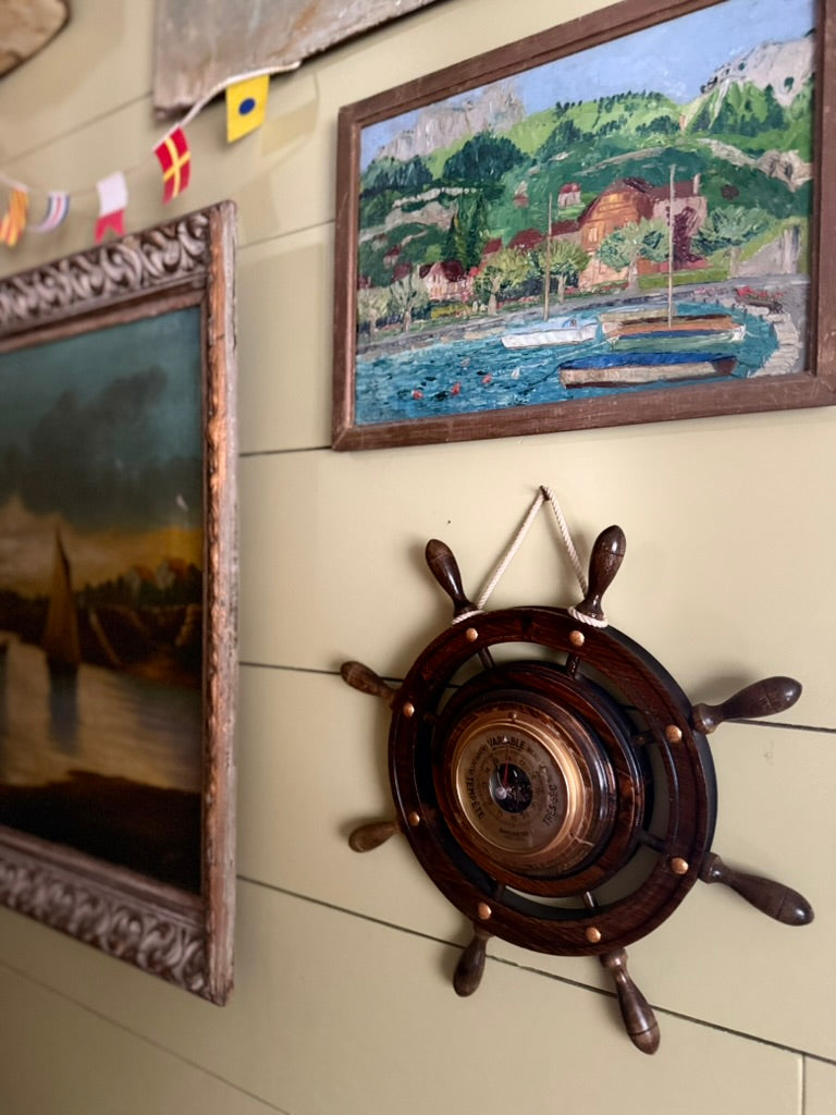 Vintage French Ship’s Wheel Barometer – Mid-Century Nautical Decor