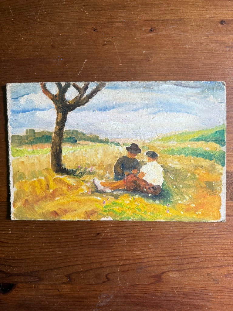 Petite French Oil Painting on Card – Countryside Lovers, Early 20th Century