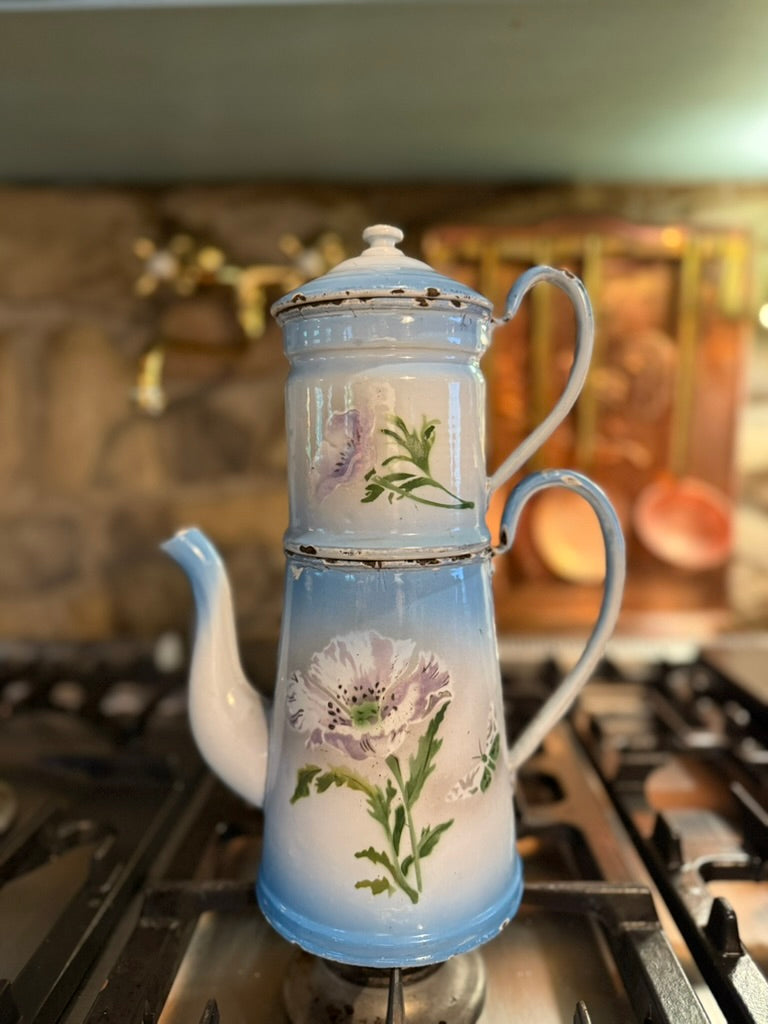 Antique French Enamel Drip Coffee Pot | Hand-Painted Blue & White