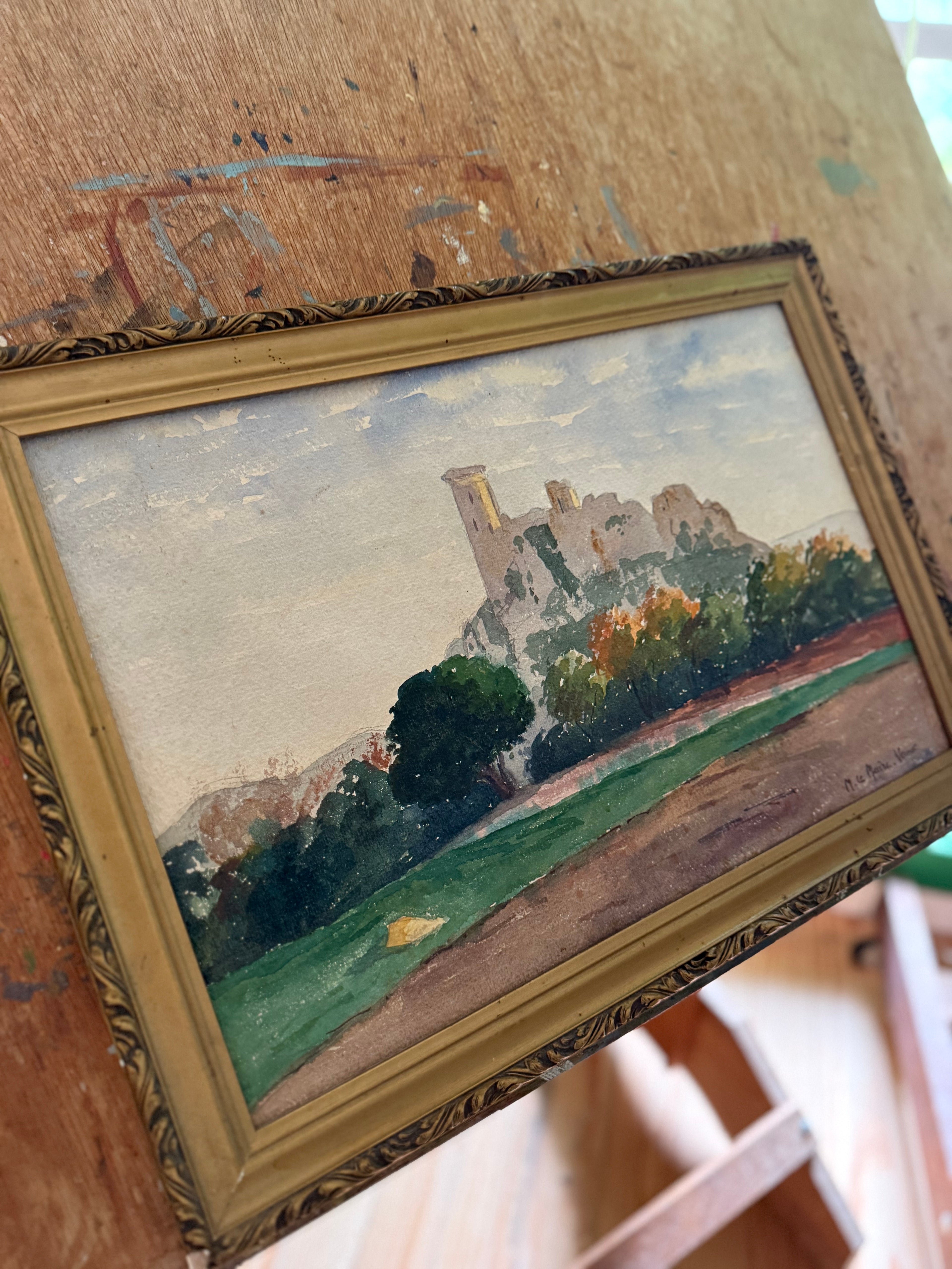 Ruines du Rhin  Watercolor on Paper — Signed M. Le Maire – Vernet