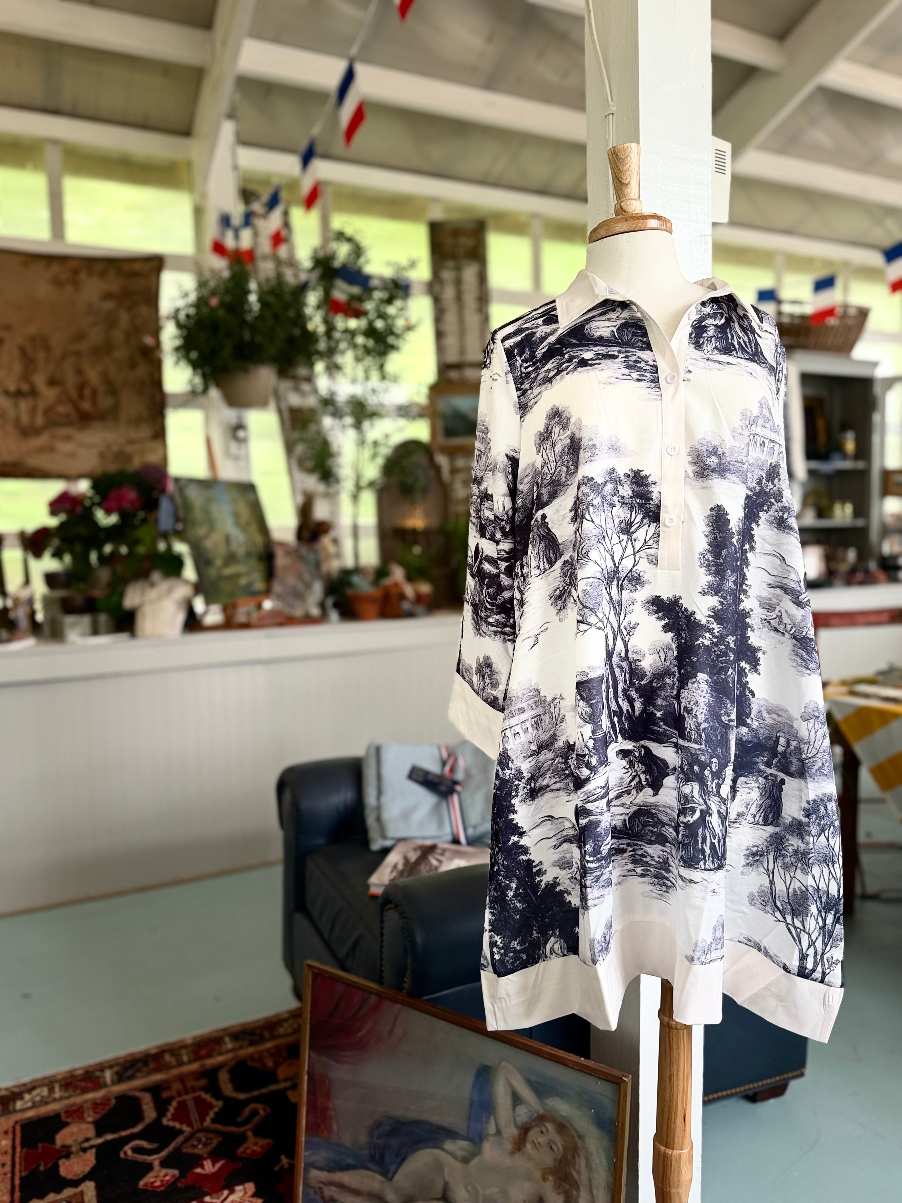 loose printed mini dress French Countryside Toile Shirt - Long Sleeves Lapel Dresses Sara Midi Dress Snow, SCV001184 feminine finish Broad Quantity:Single