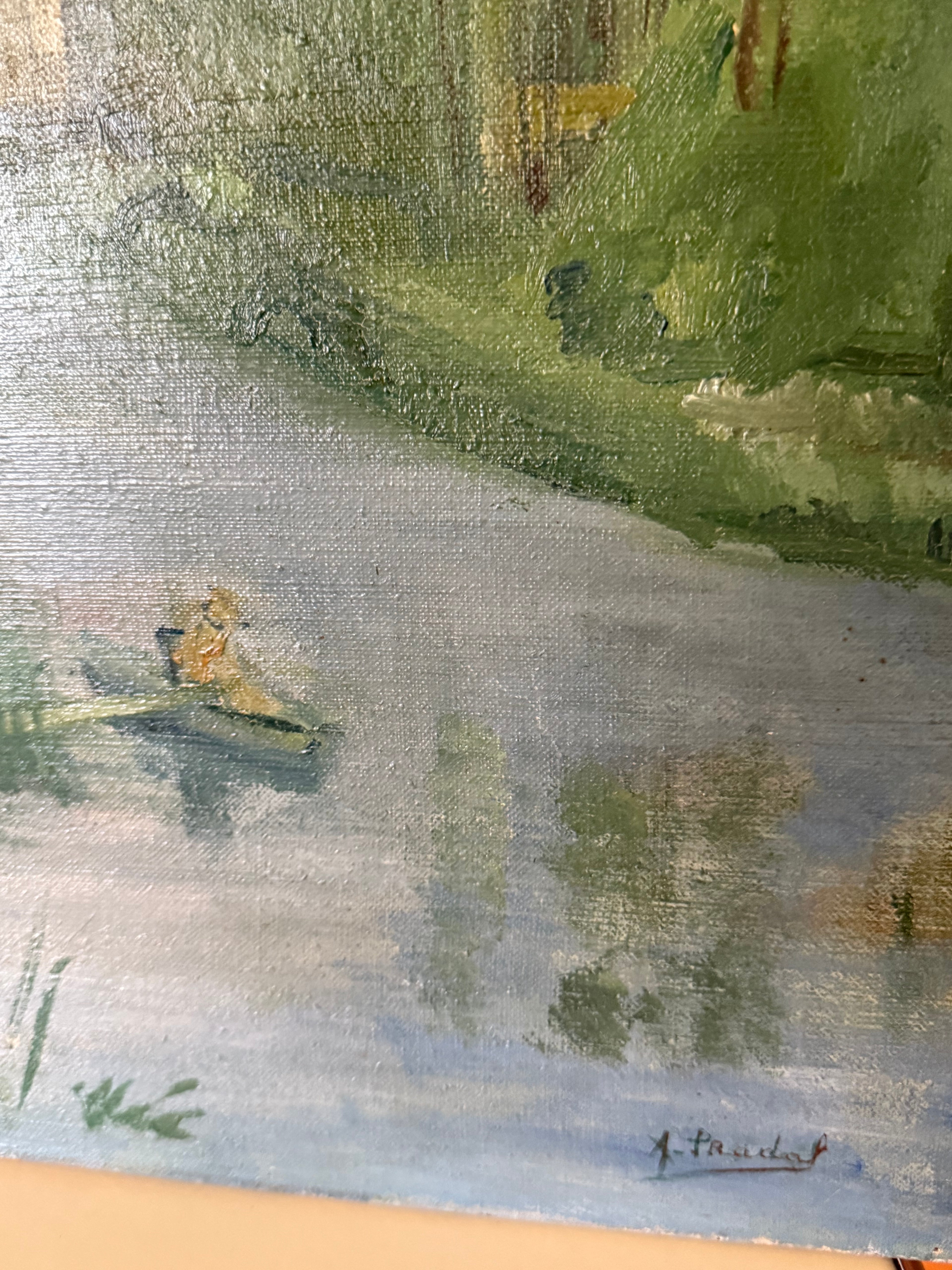 French Oil Painting – River Landscape with Boater, Circa 1910–1930