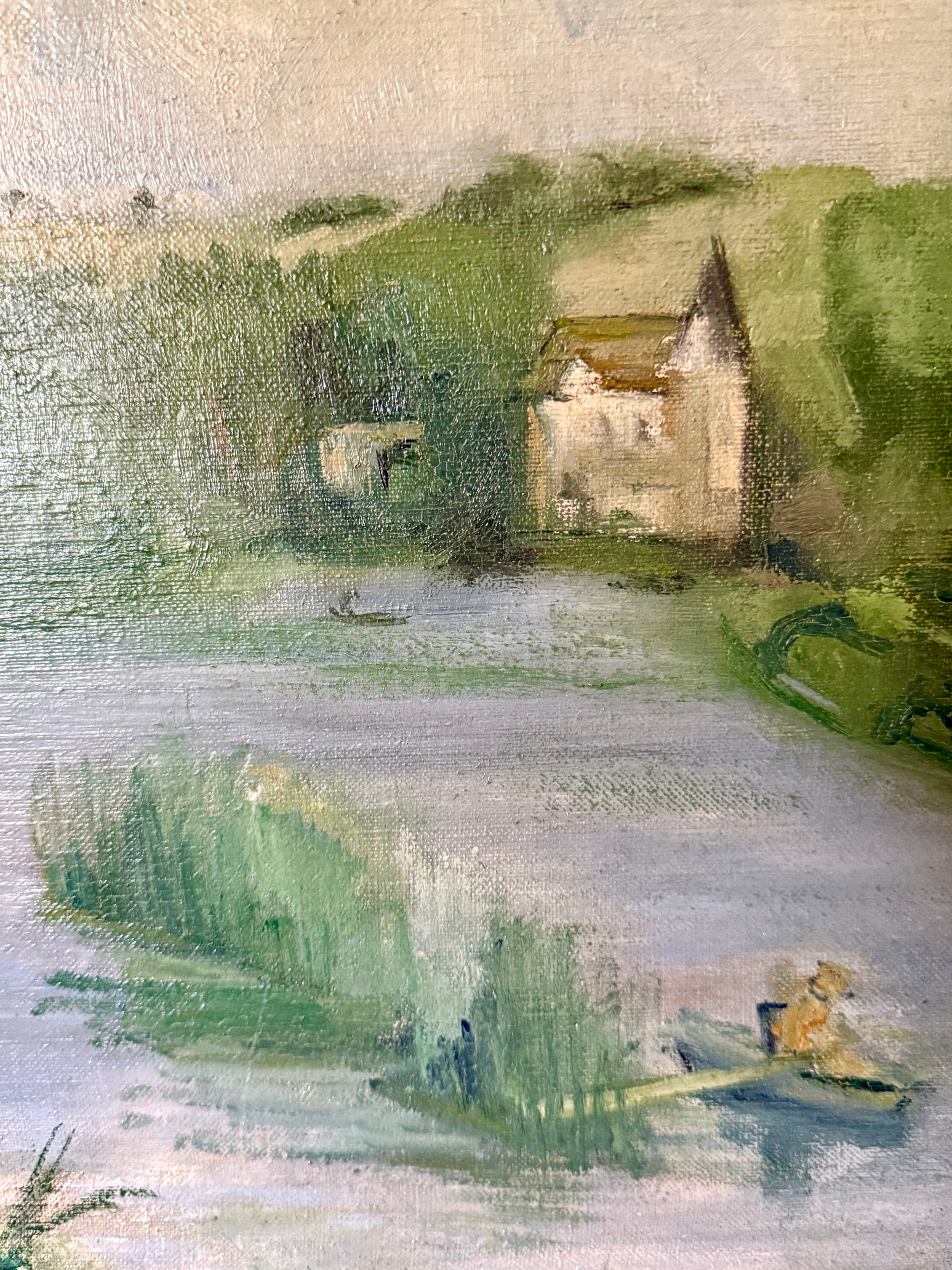 French Oil Painting – River Landscape with Boater, Circa 1910–1930