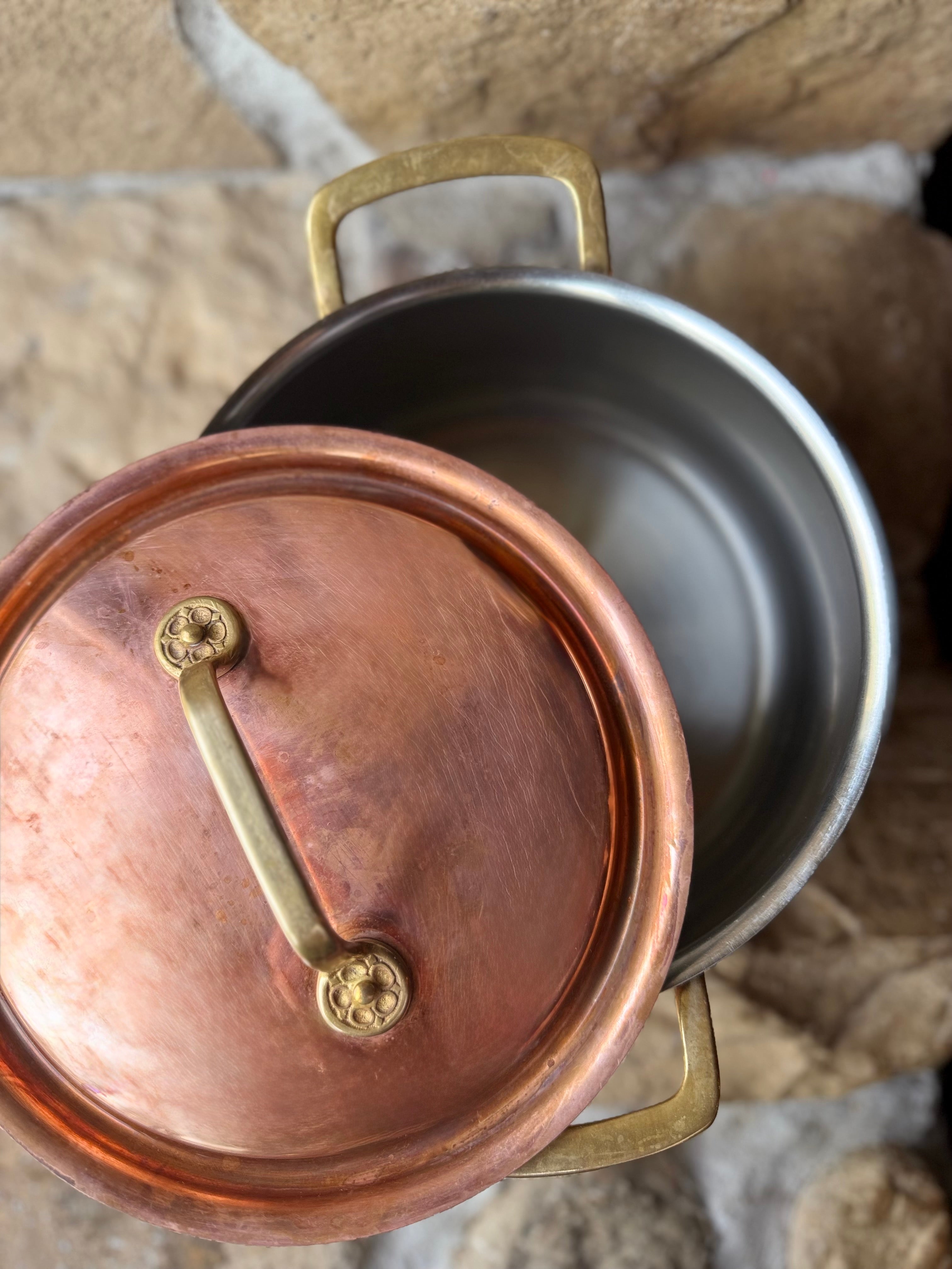 French Copper Casserole with Lid – Rosette Handle Detail