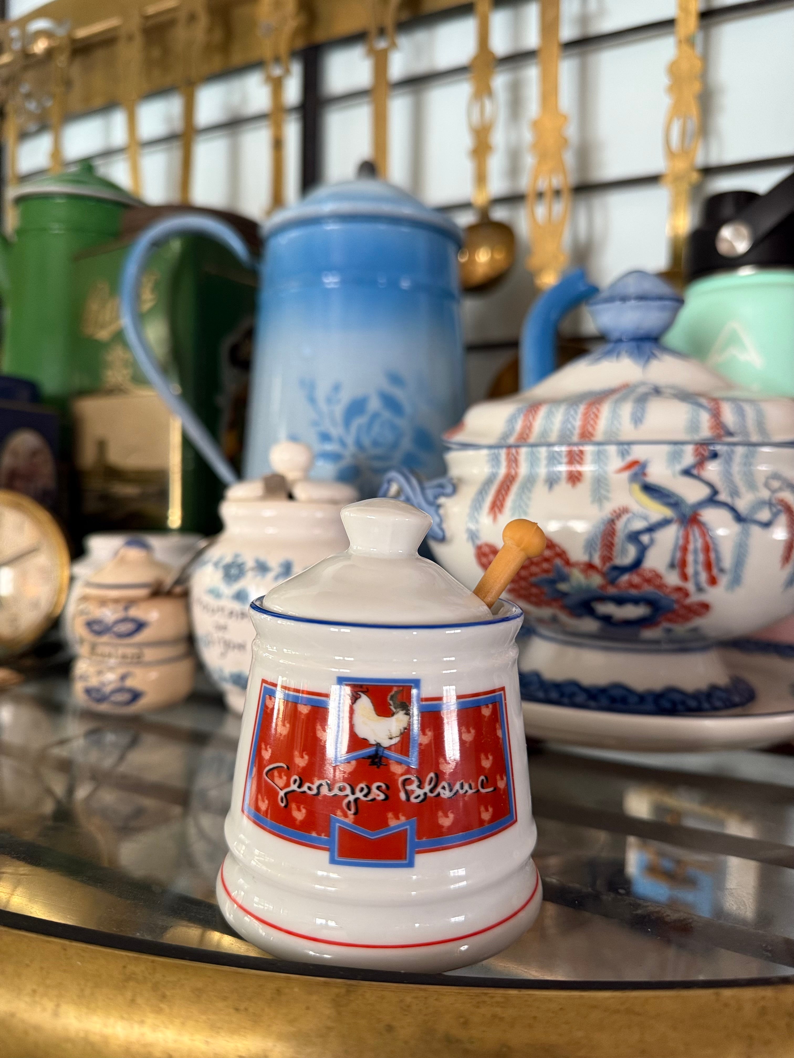 Vintage Apilco France Georges Blanc Porcelain Mustard Pot with Lid & Spoon