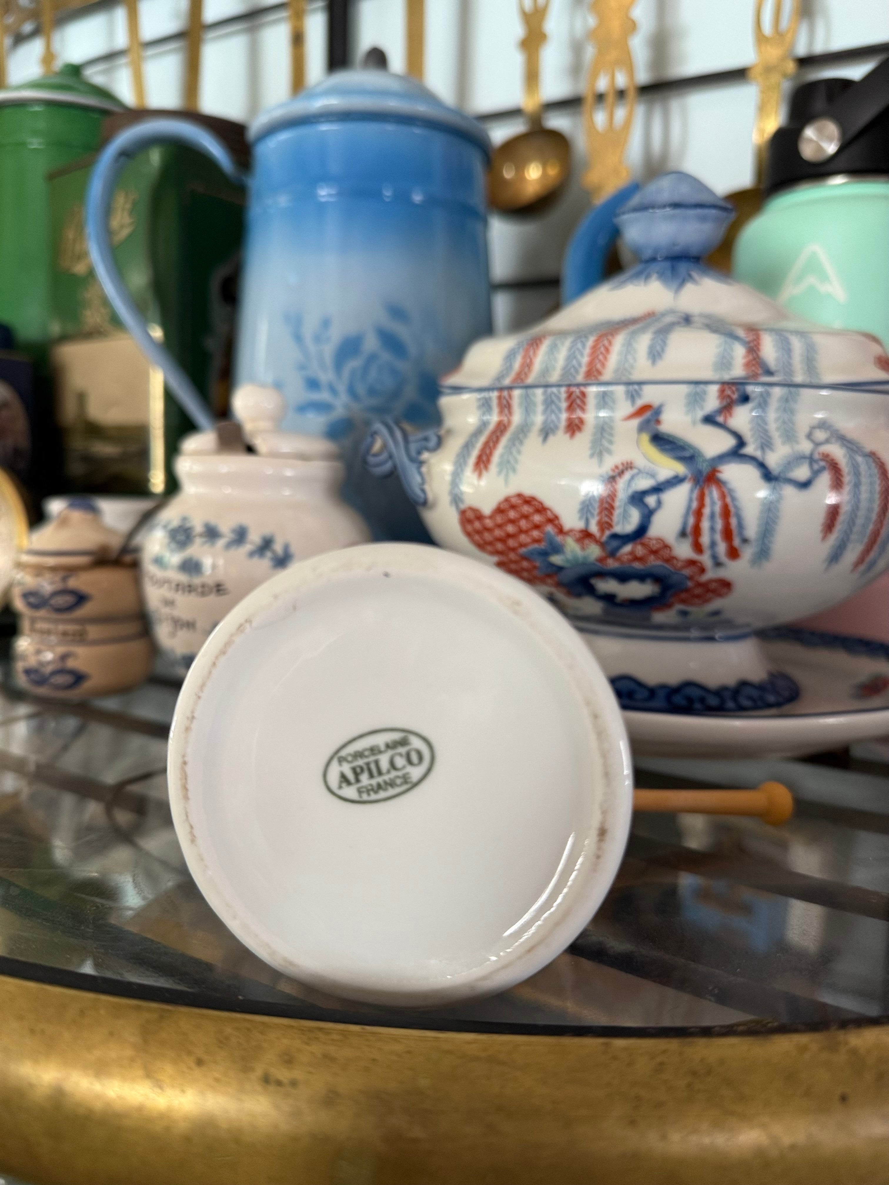 Vintage Apilco France Georges Blanc Porcelain Mustard Pot with Lid & Spoon