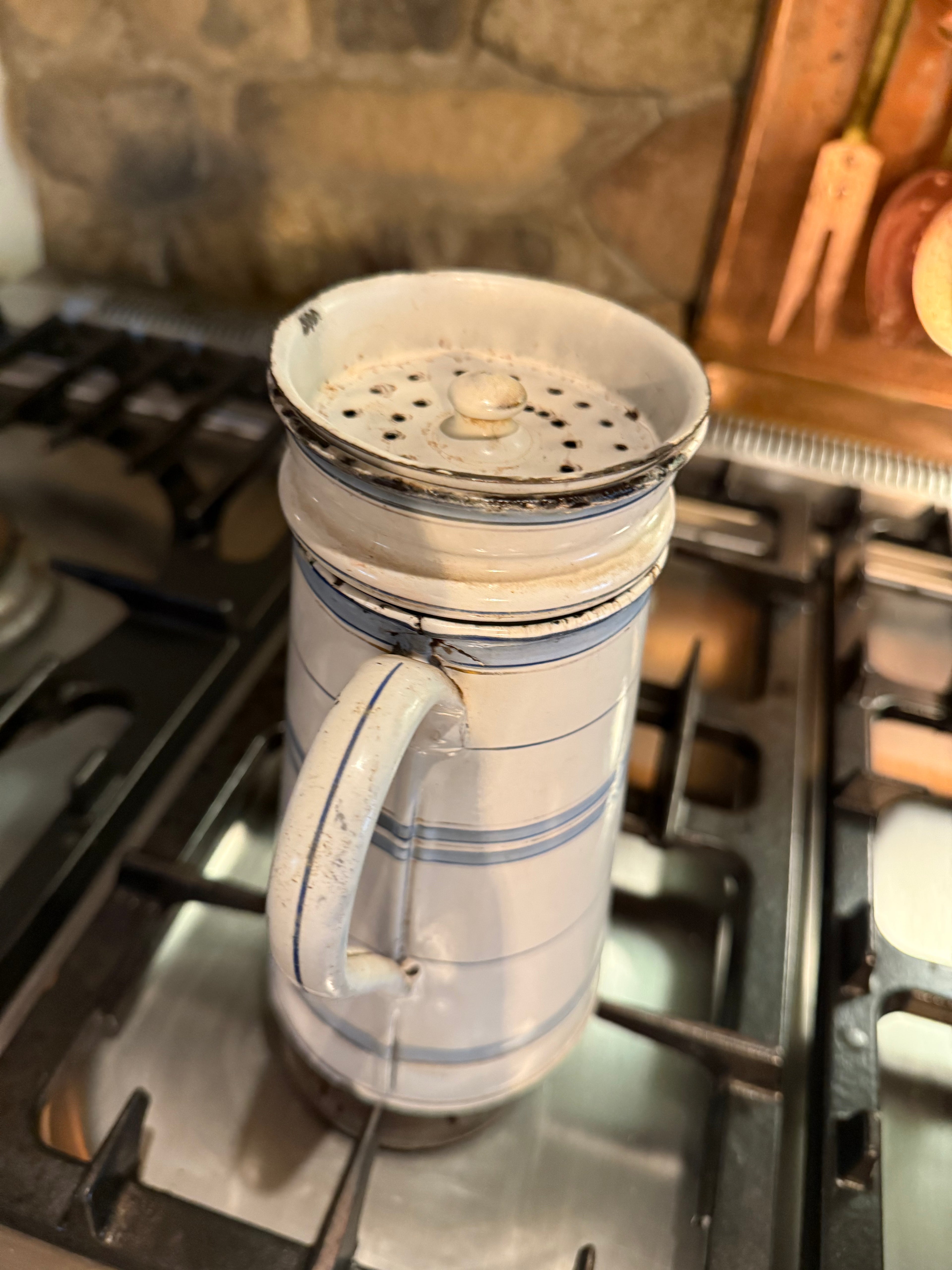 Vintage French Enamel Coffee Pot | Blue Banding