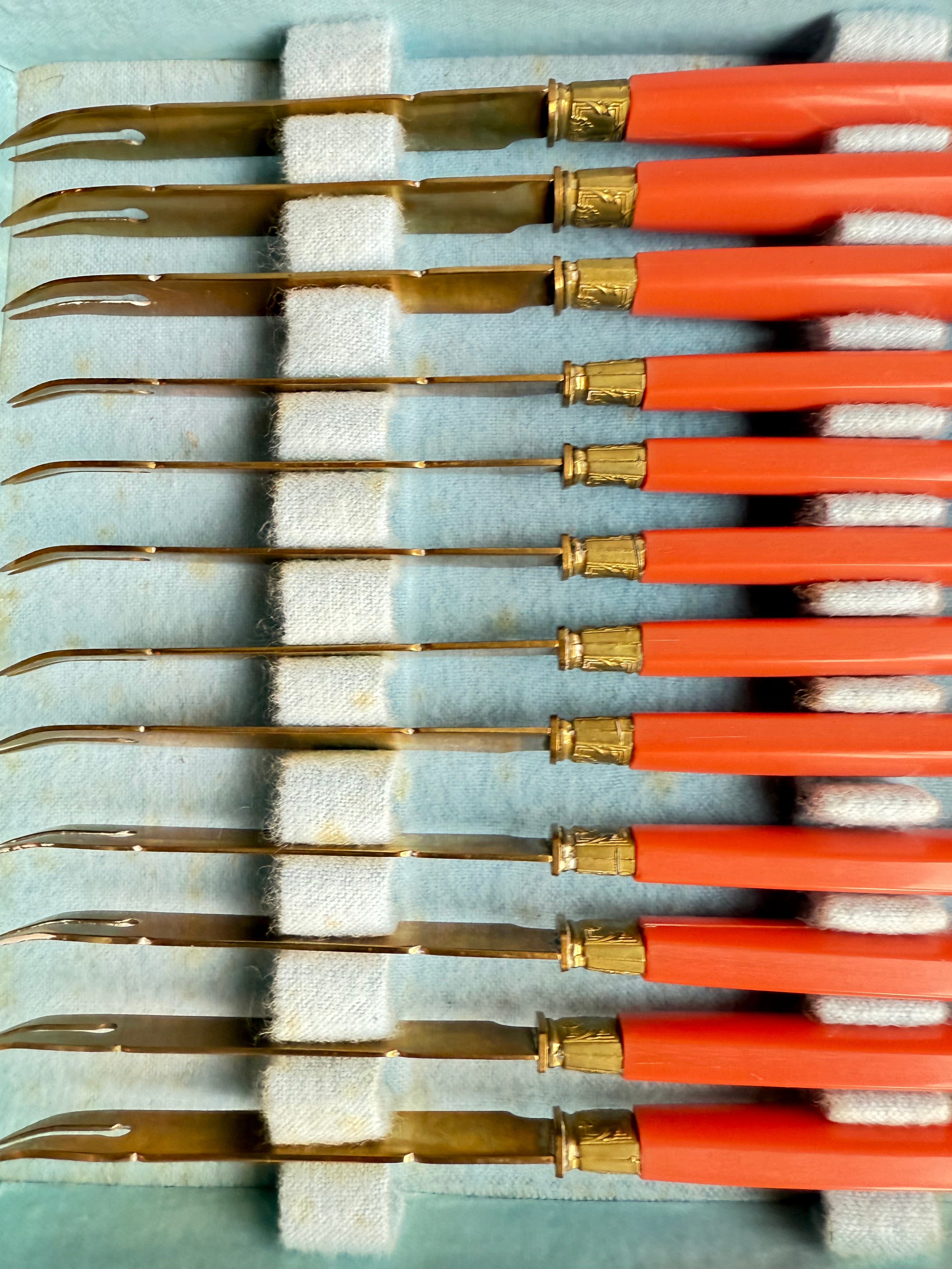 Mid-Century French Aperitif Knives – Coral Bakelite & Gilded Brass, Boxed Set of 12