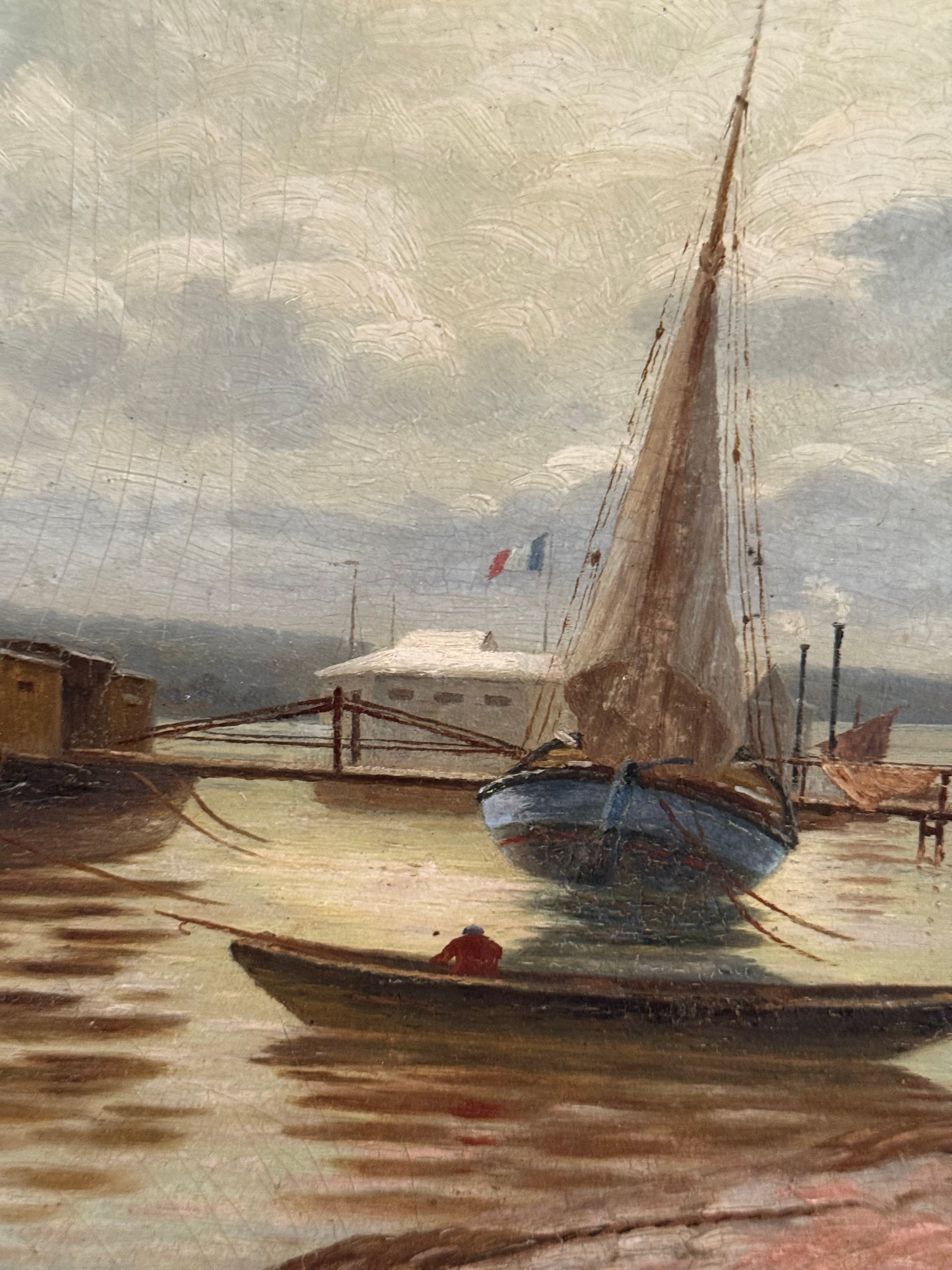 Antique French Maritime Oil on Canvas – “Voiliers au Port,” Signed S. Courtais, c. 1900, in Chalked White Frame