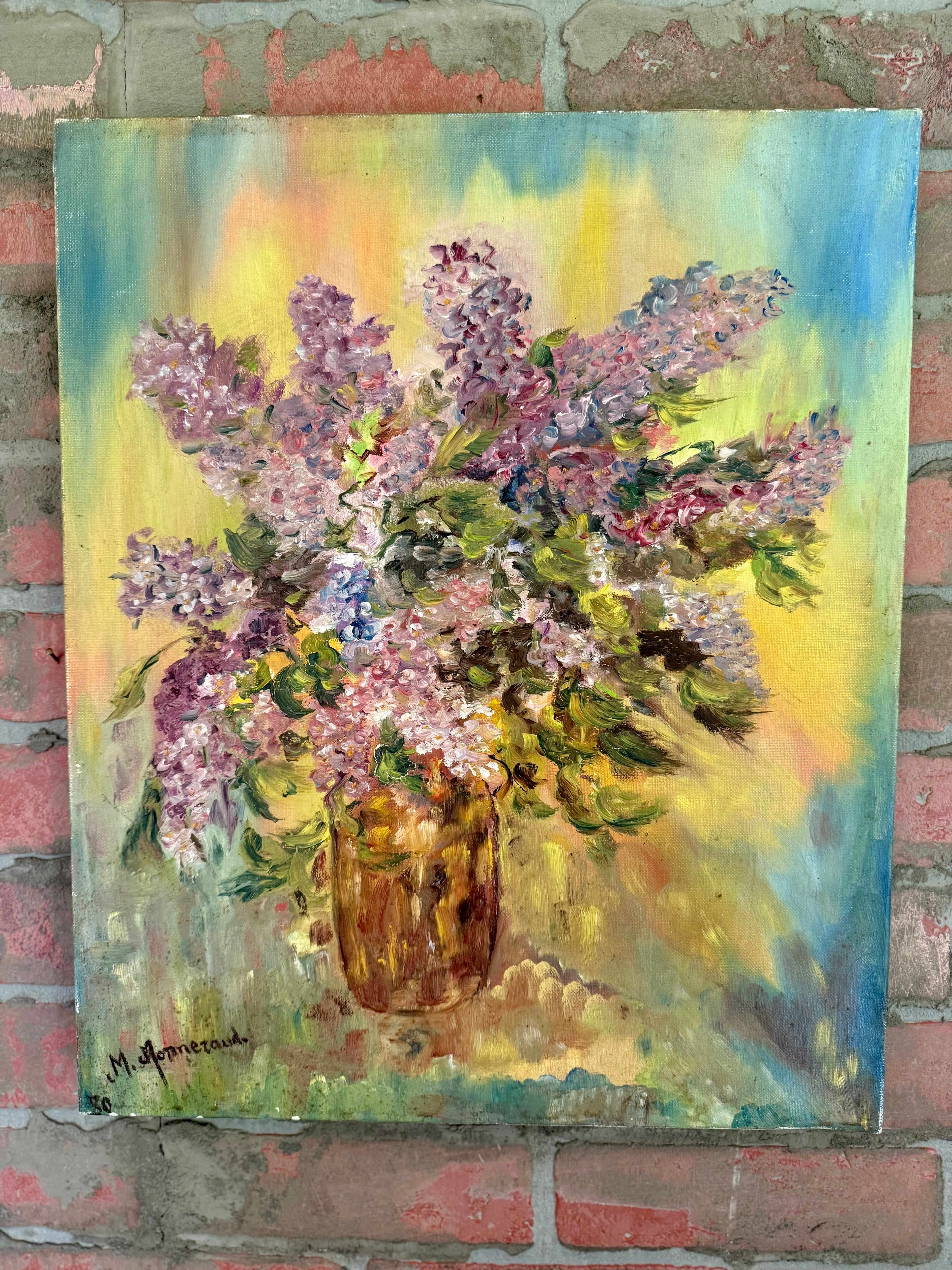 Vintage French Floral Oil on Canvas – “Lilacs in a Glass Vase,” Signed M. Aumereaux, Mid-Century