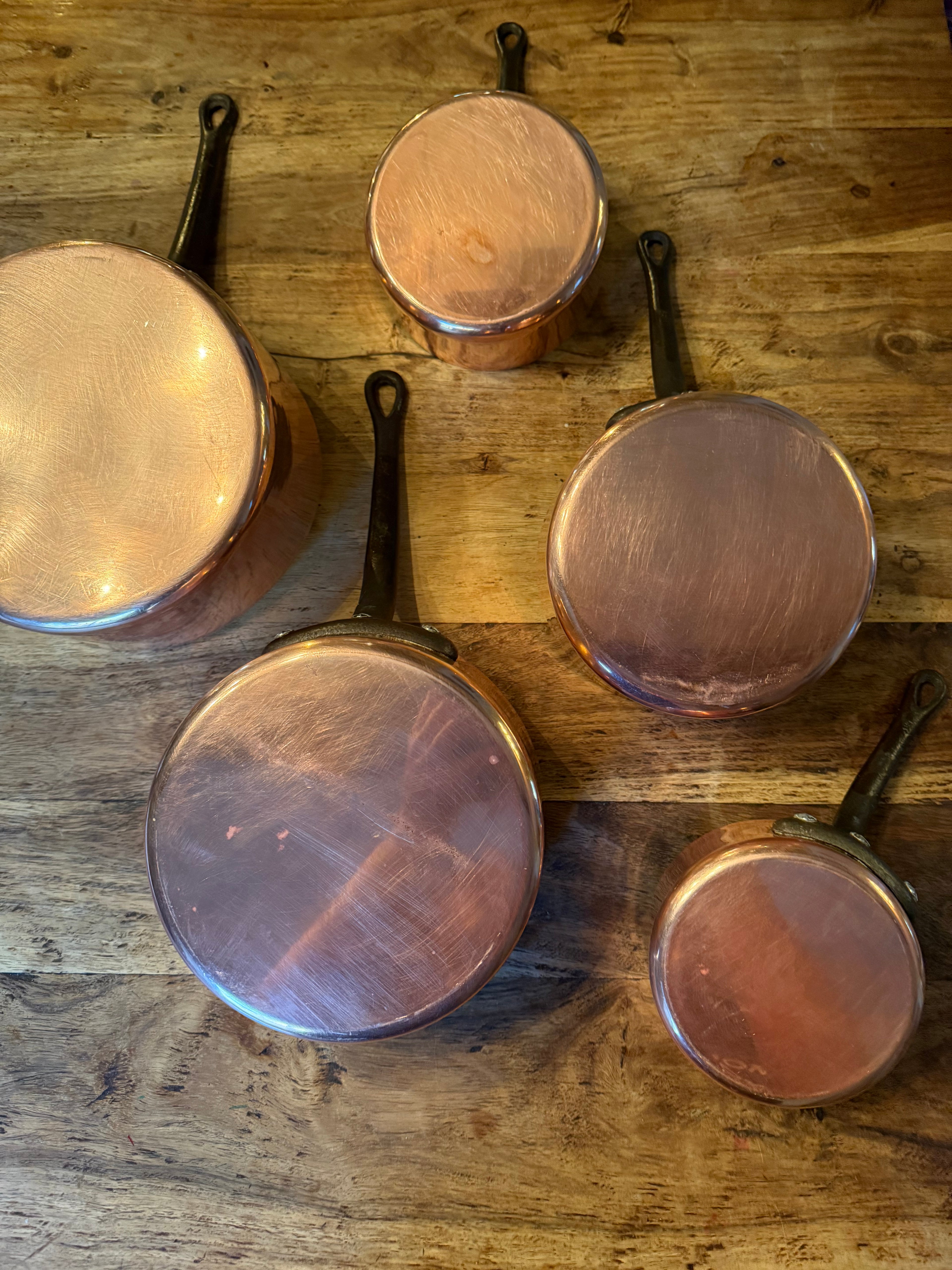Heavy Vintage French Copper Saucepan Set (Set of 5)