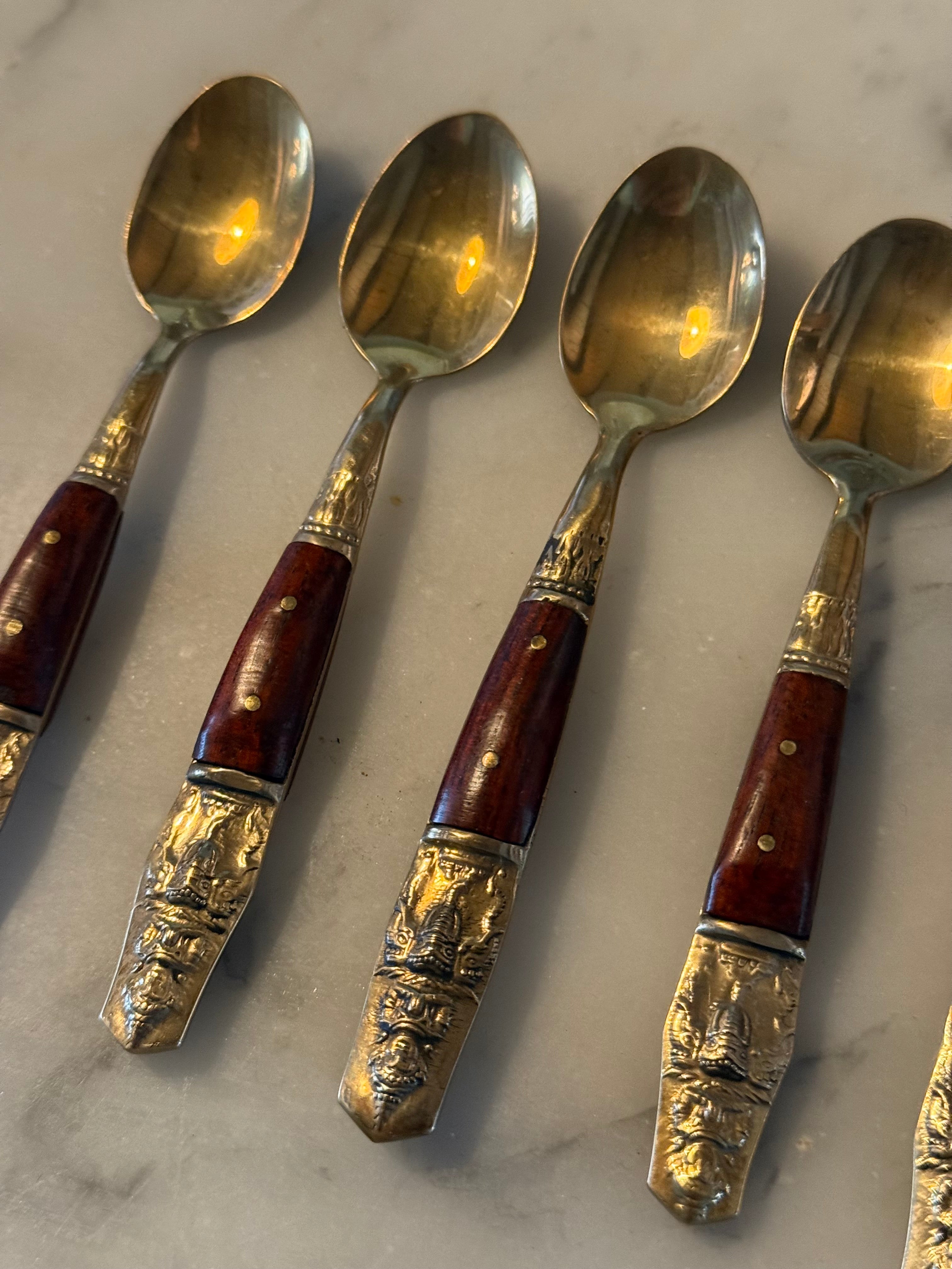Set of Six Vintage Siamese Buddha Spoons – Brass and Teakwood