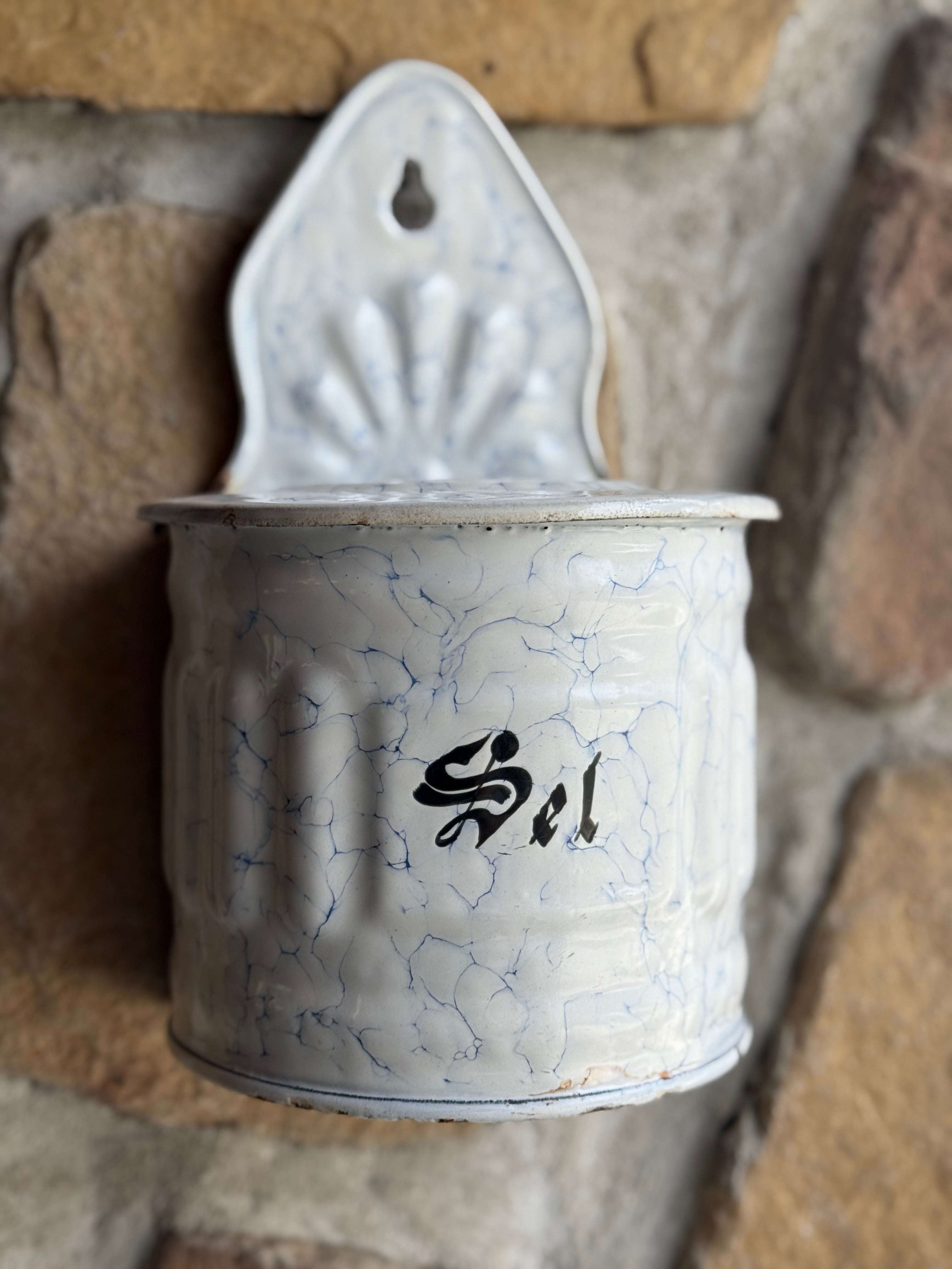French Enamel Wall-Mounted Salt Box – “Sel”