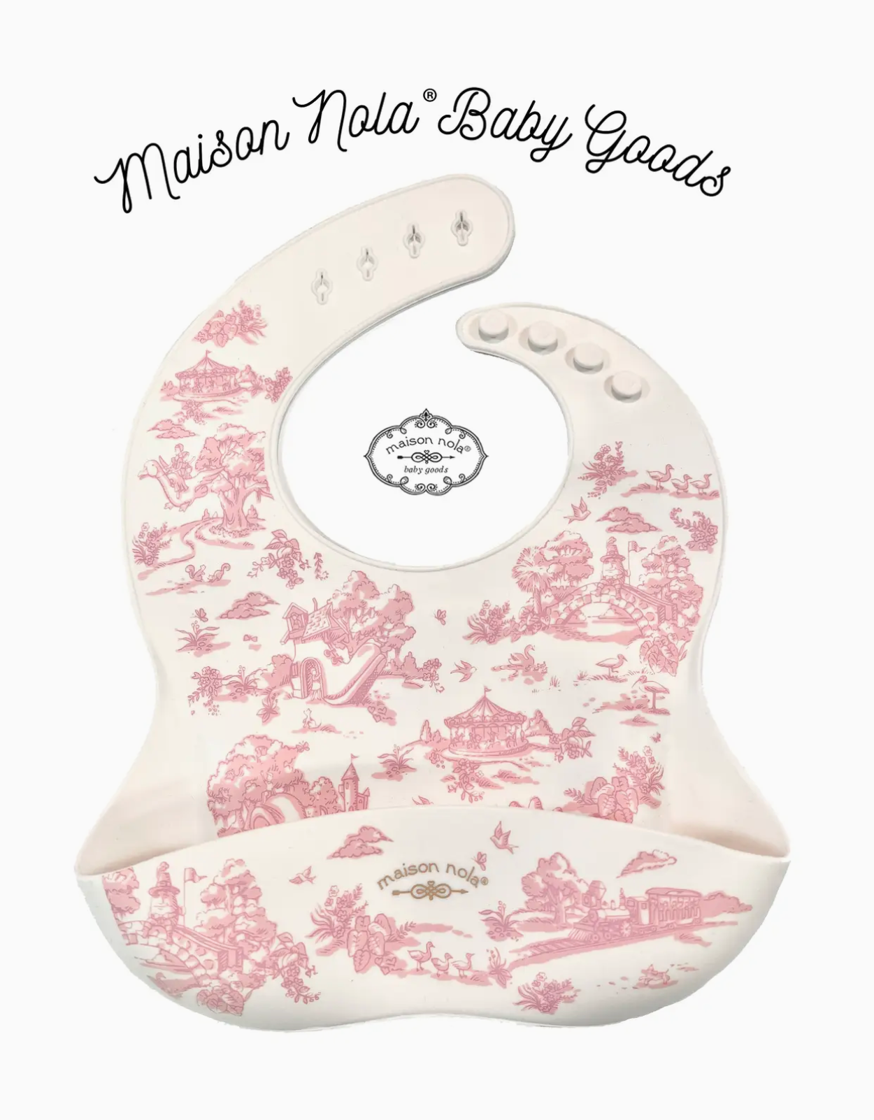 Storyland Toile Silicone Bib and Fleur de Lis Teething Ring Set | Pink or Blue