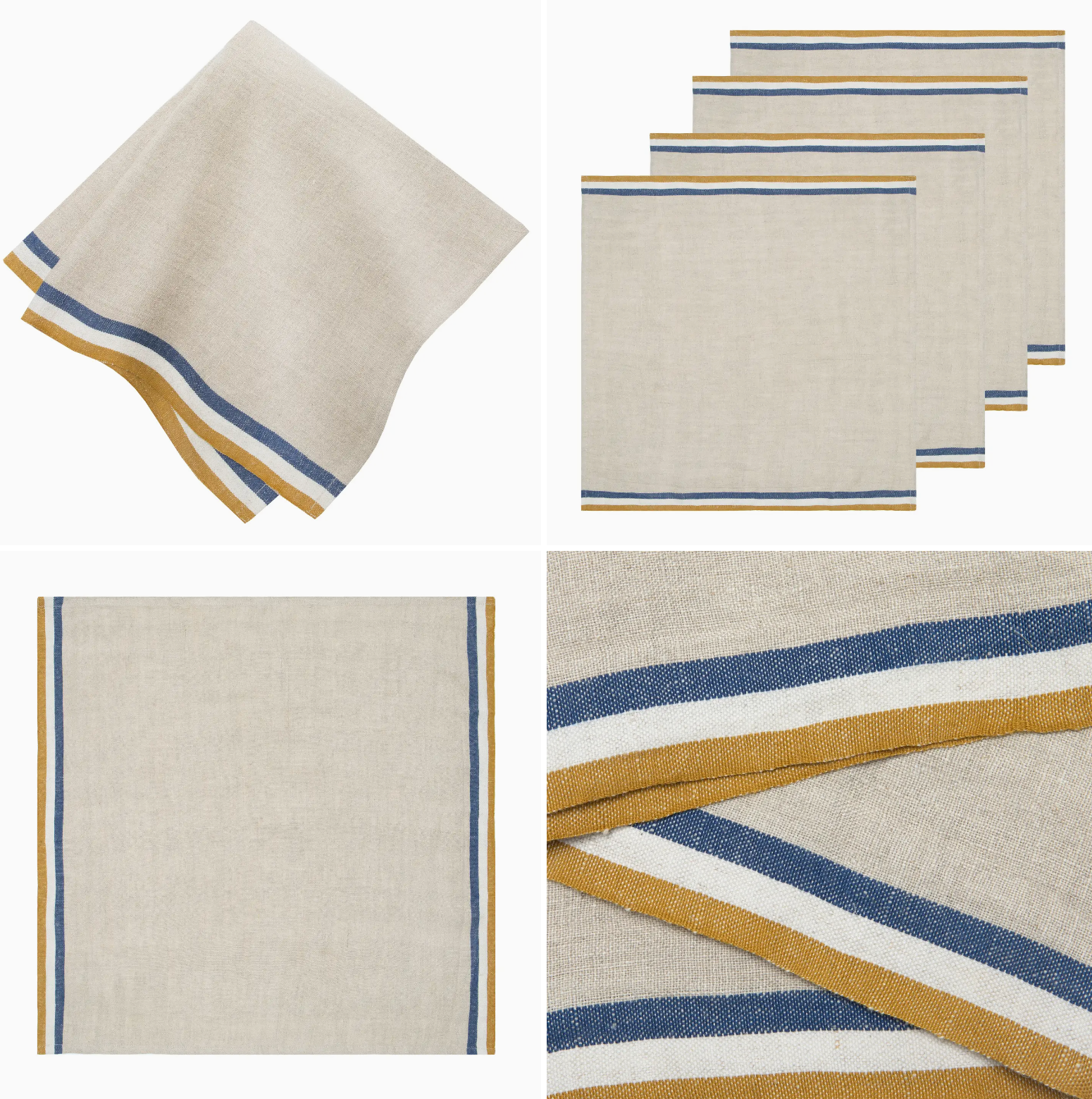 Handmade Linen Napkins | Normandy Natural - Mustard/Natural/Blue Stripe Napkins | 20x20