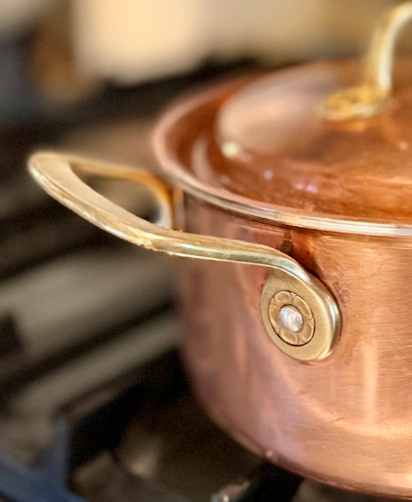 French Copper Casserole with Lid – Rosette Handle Detail