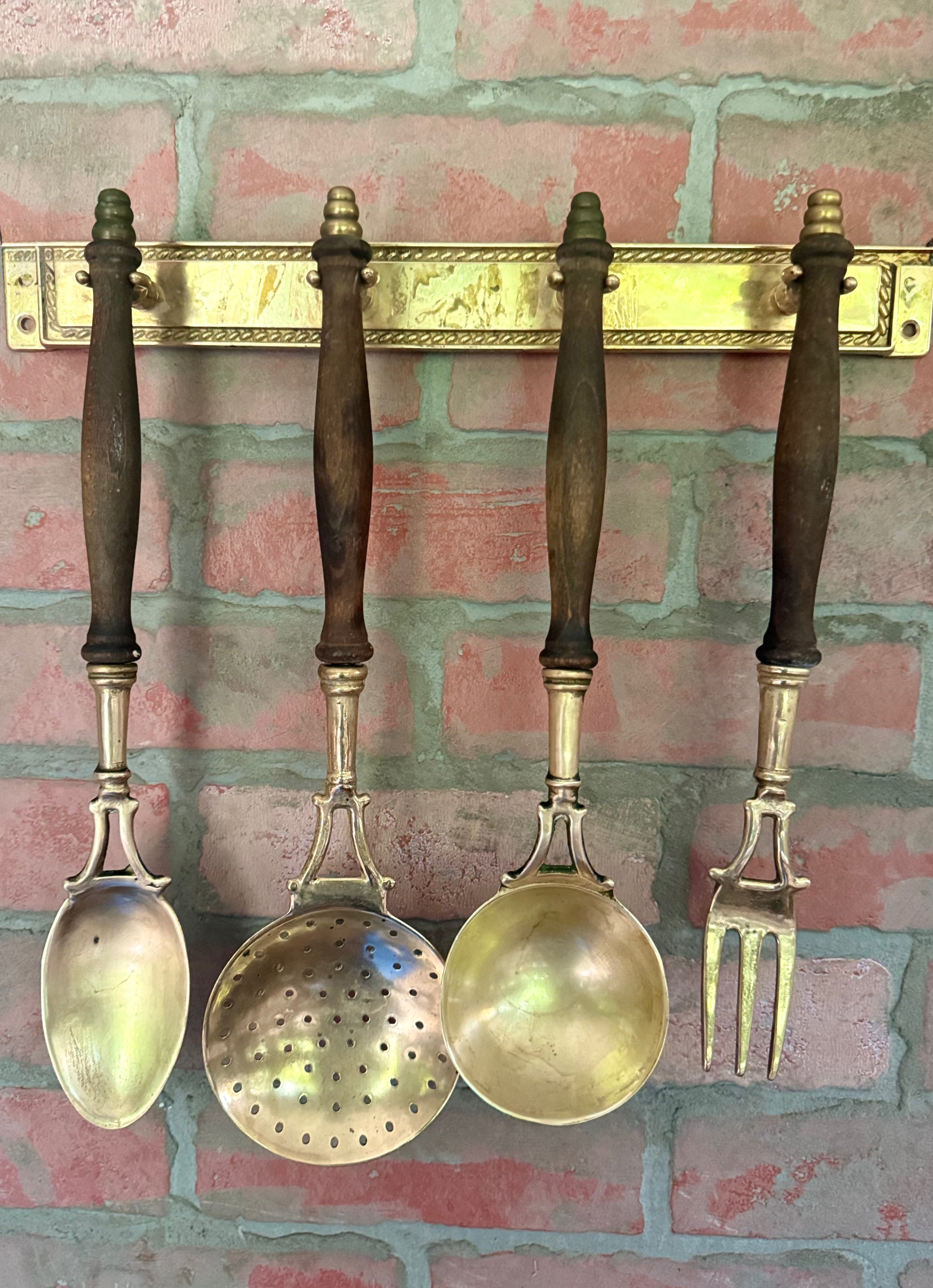 Antique French Brass and Wood Utensil Set with Hanging Rack (c. 1890–1920)