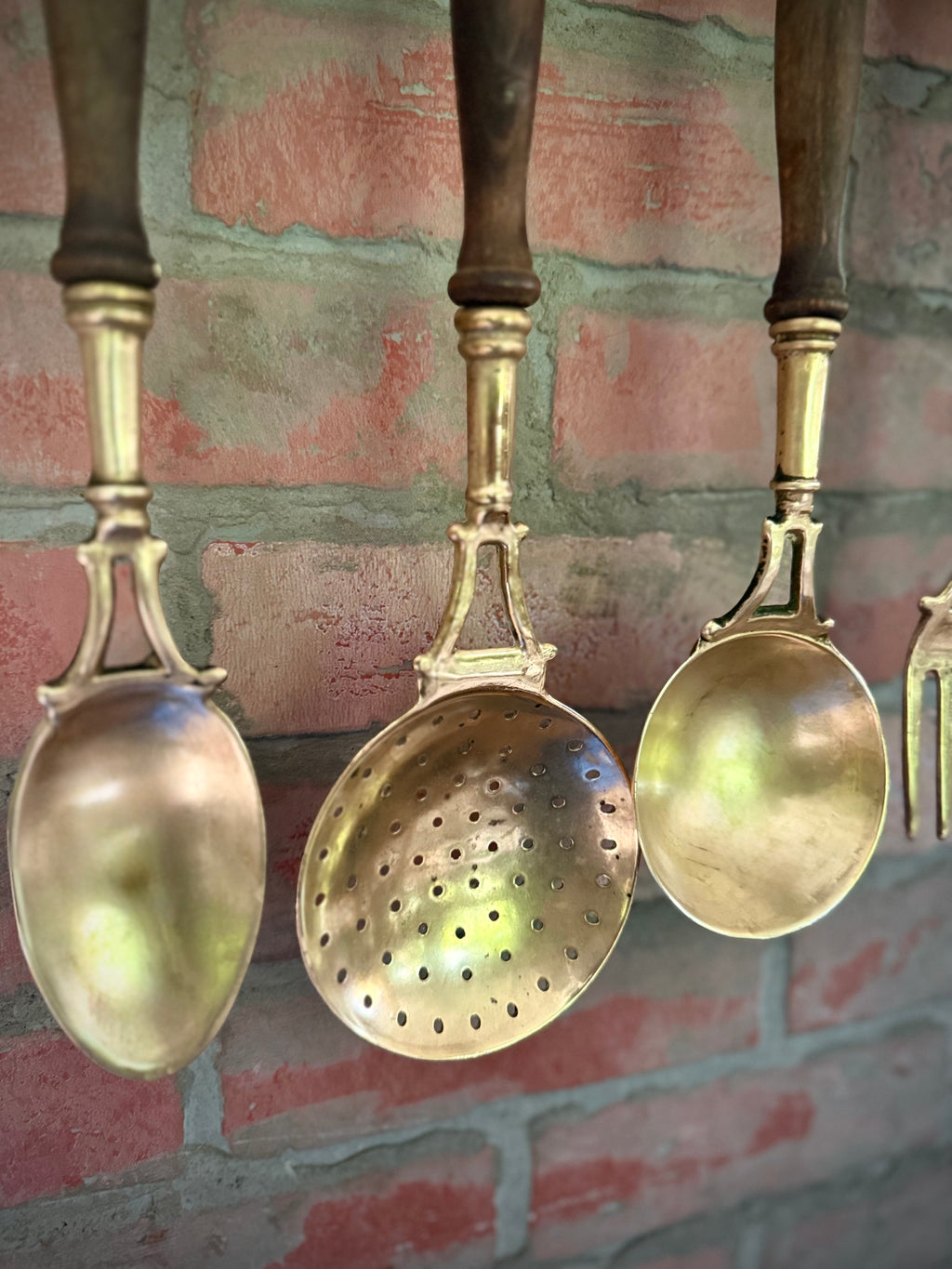 Antique French Brass and Wood Utensil Set with Hanging Rack (c. 1890–1920)