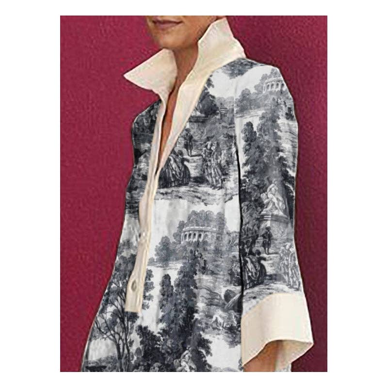French Countryside Shirt Dress - Long Sleeves Loose Printed Lapel Mini Dresses